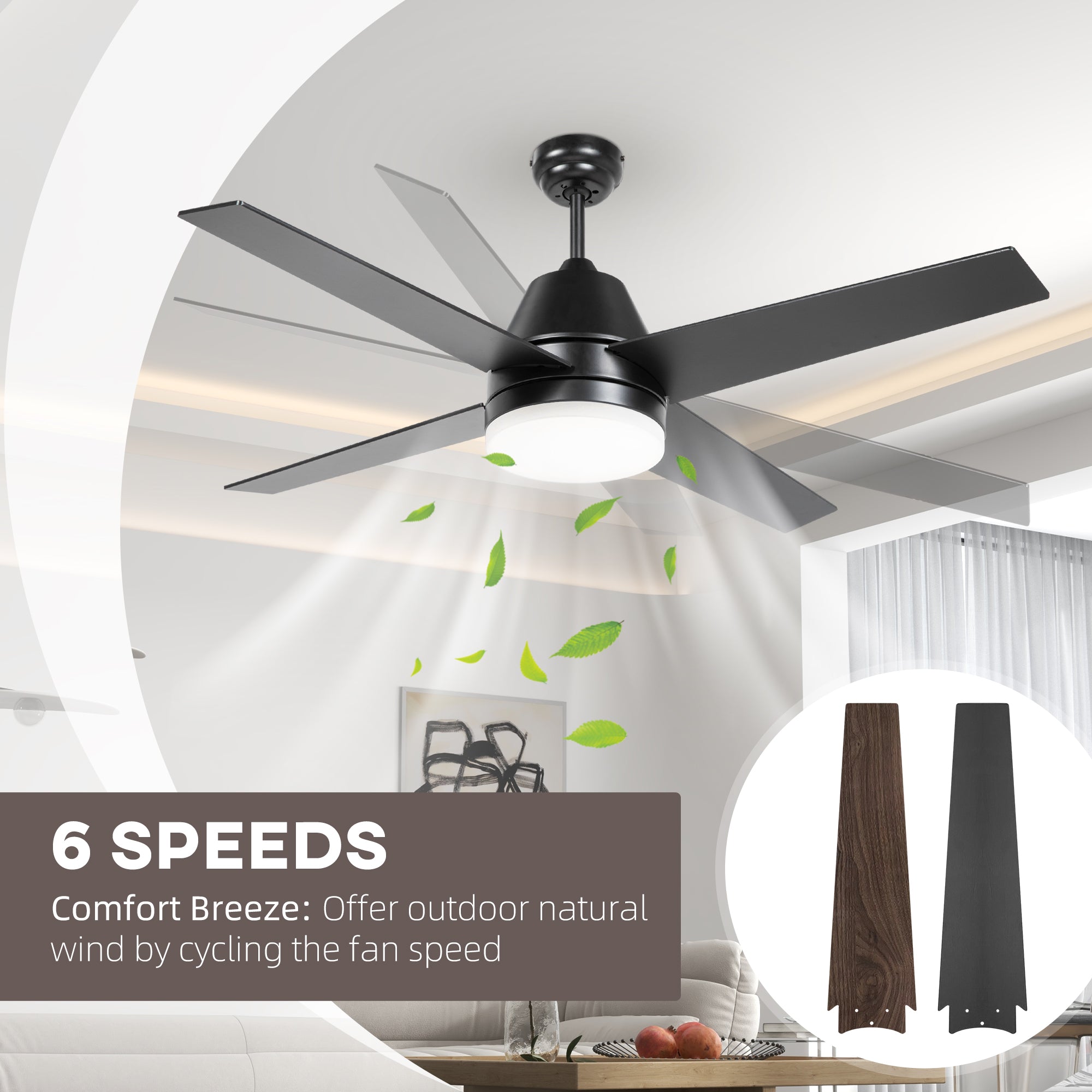 HOMCOM Ceiling Fan with LED Light, Flush Mount Ceiling Fan Lights with Reversible Blades, Remote, Black and Walnut Brown