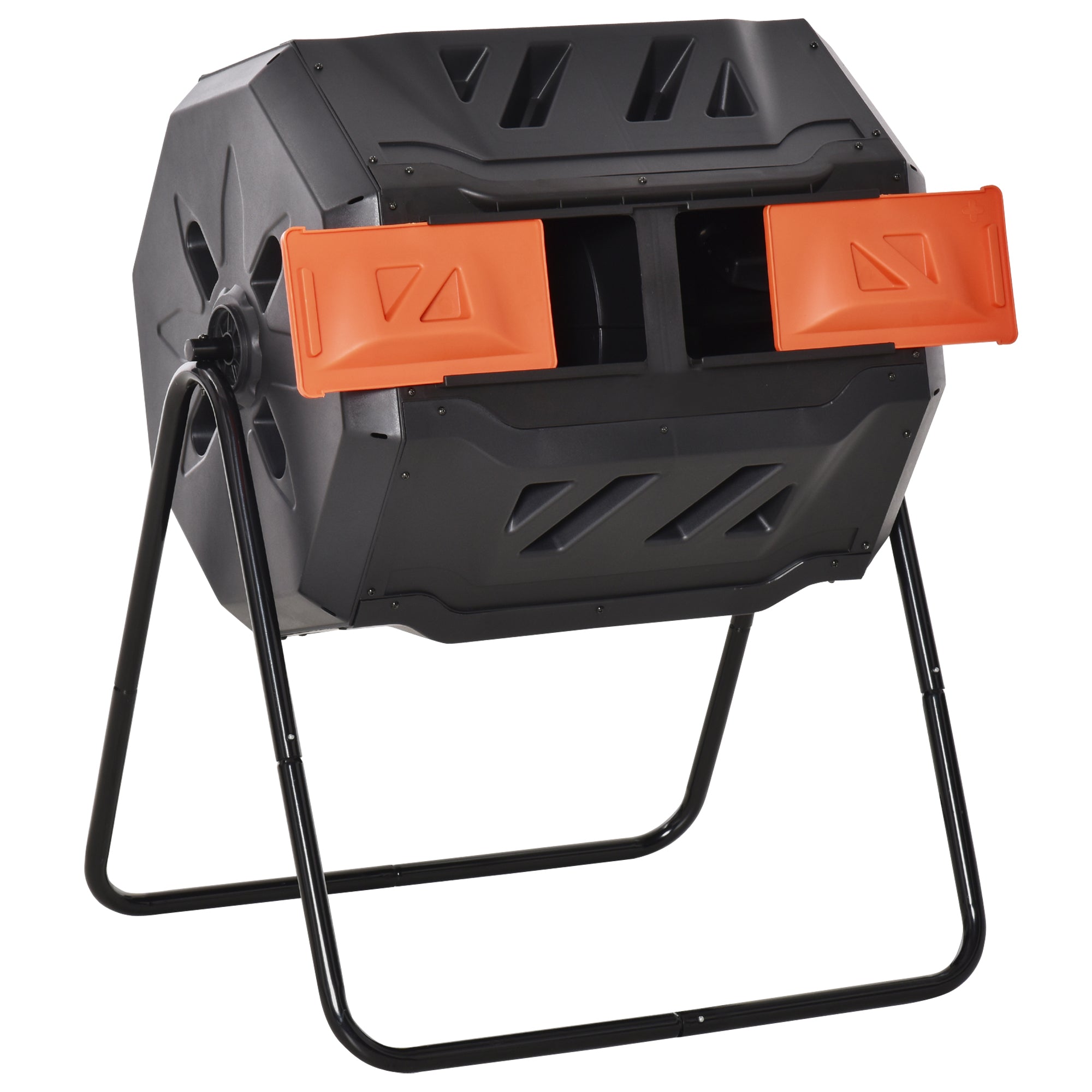Outsunny 160L Tumbling Compost Bin Outdoor Dual Chamber 360° Rotating Composter, Garden Compost Bin w/ Sliding Doors & Solid Steel Frame, Orange - North Peak Garden Furniture