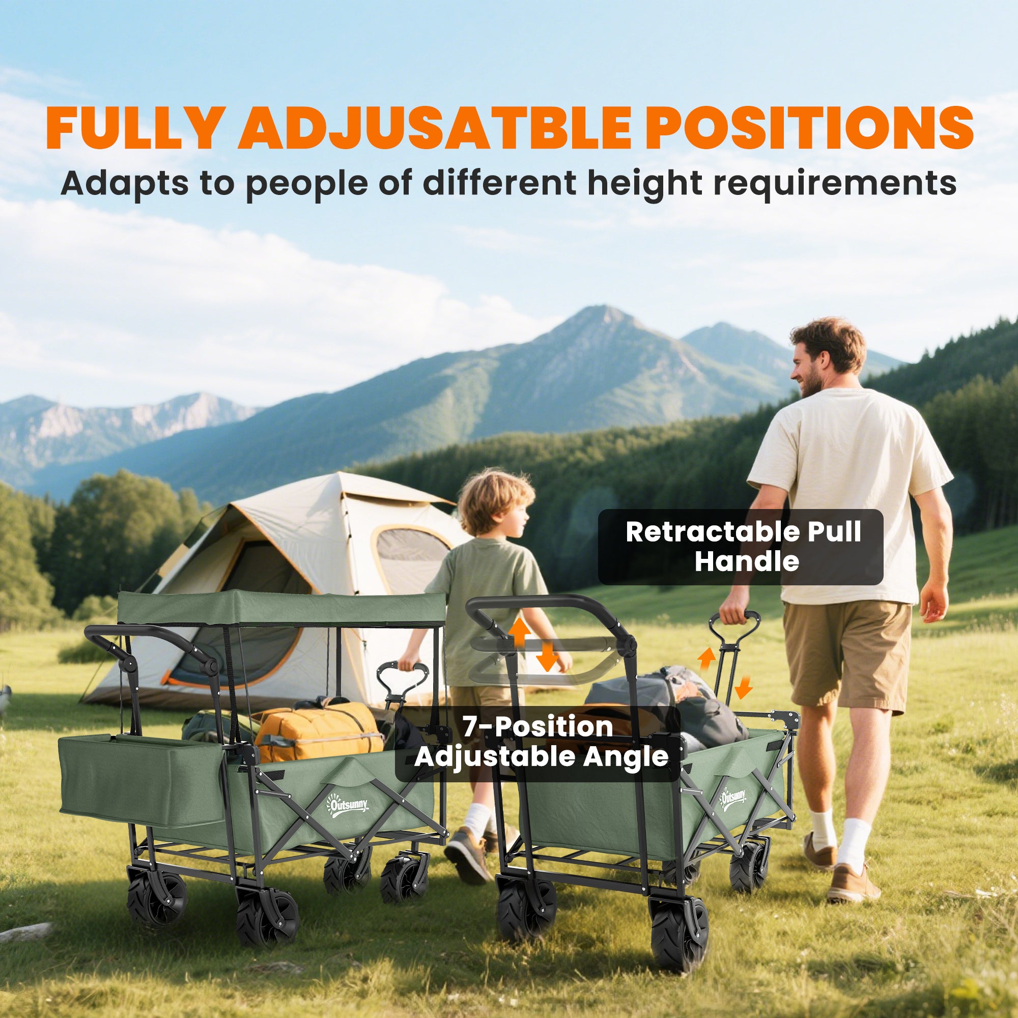 Outsunny Folding Trolley Cart Storage Wagon Beach Trailer 4 Wheels with Handle Overhead Canopy Cart Push Pull for Camping, Green