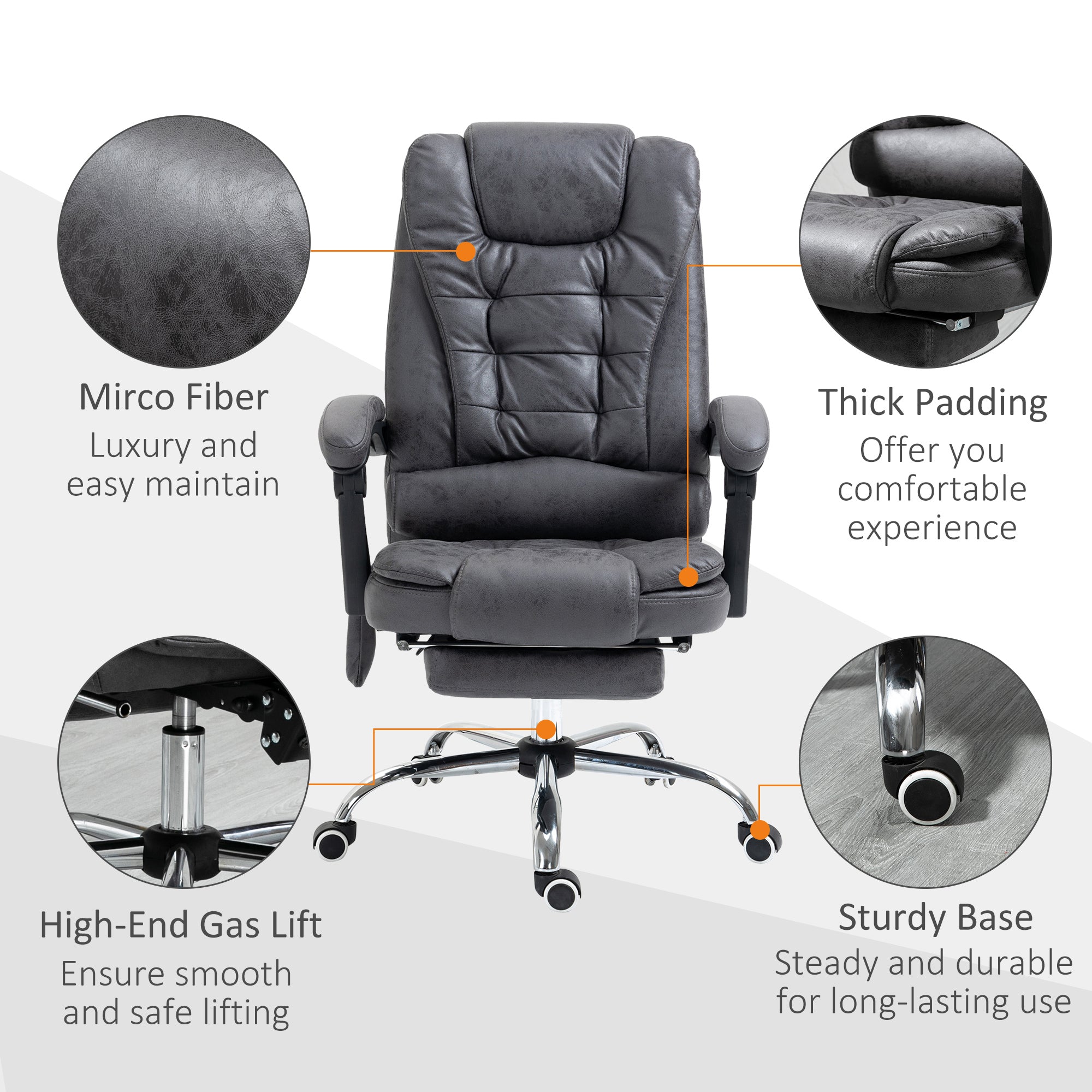 Vinsetto Heated 6 Points Vibration Massage Executive Office Chair Adjustable Swivel Ergonomic High Back Desk Chair Recliner with Footrest Dark Grey - North Peak Garden Furniture