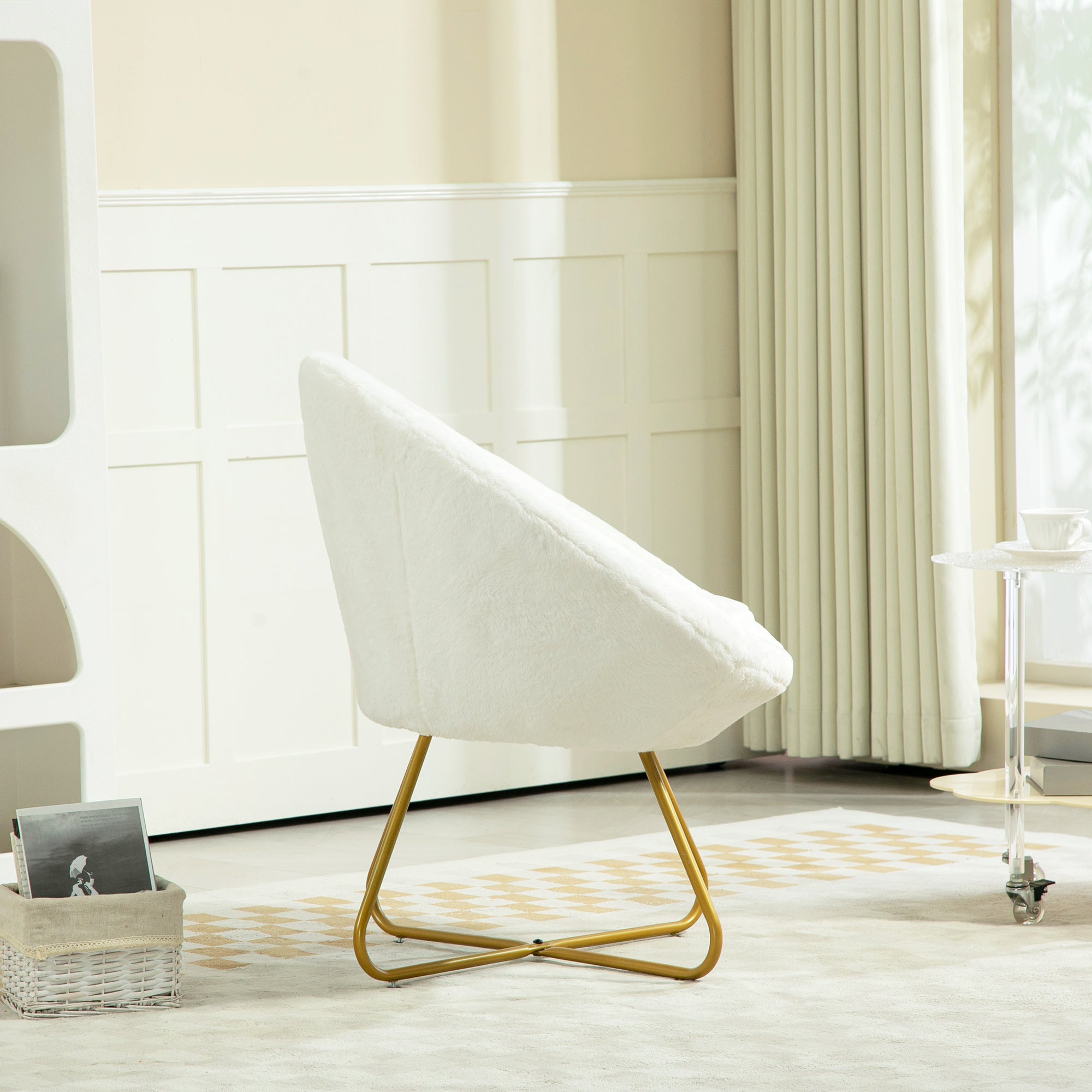 HOMCOM Faux Fur Accent Chair with Golden Metal Legs, Upholstered Comfy Chair with Non-Slip Footpads, Seat Cushion for Bedroom, Living Room and Office, White - North Peak Garden Furniture