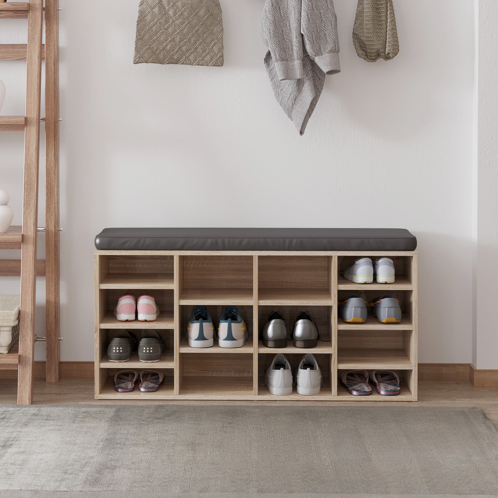 HOMCOM Multi-Storage Shoe Rack w/ 14 Compartments Cushion Moving Shelves Solid Frame Foot Pads Home Office Tidy Organisation Boots Trainers Brown - North Peak Garden Furniture