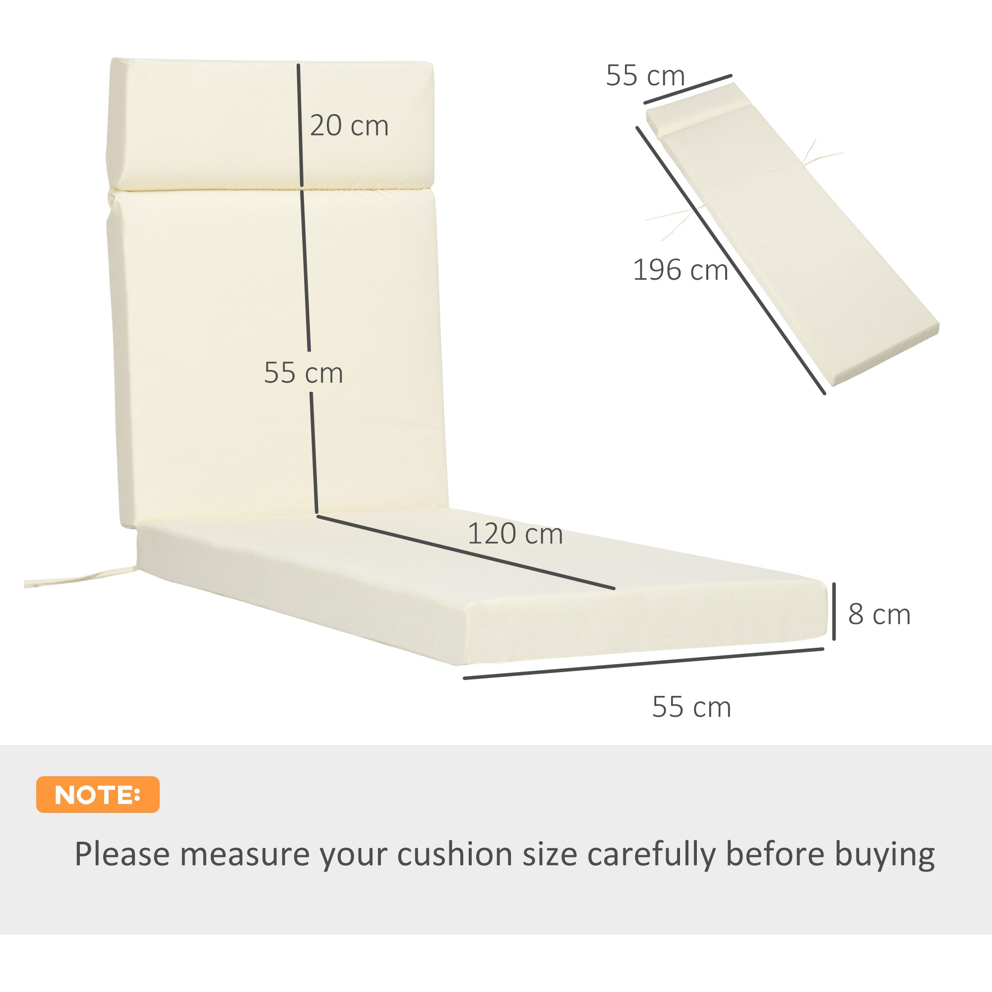 Outsunny Set of 2 Sun Lounger Cushions, Replacement Cushions for Rattan Furniture with Ties, 196 x 55 cm, Cream White - North Peak Garden Furniture