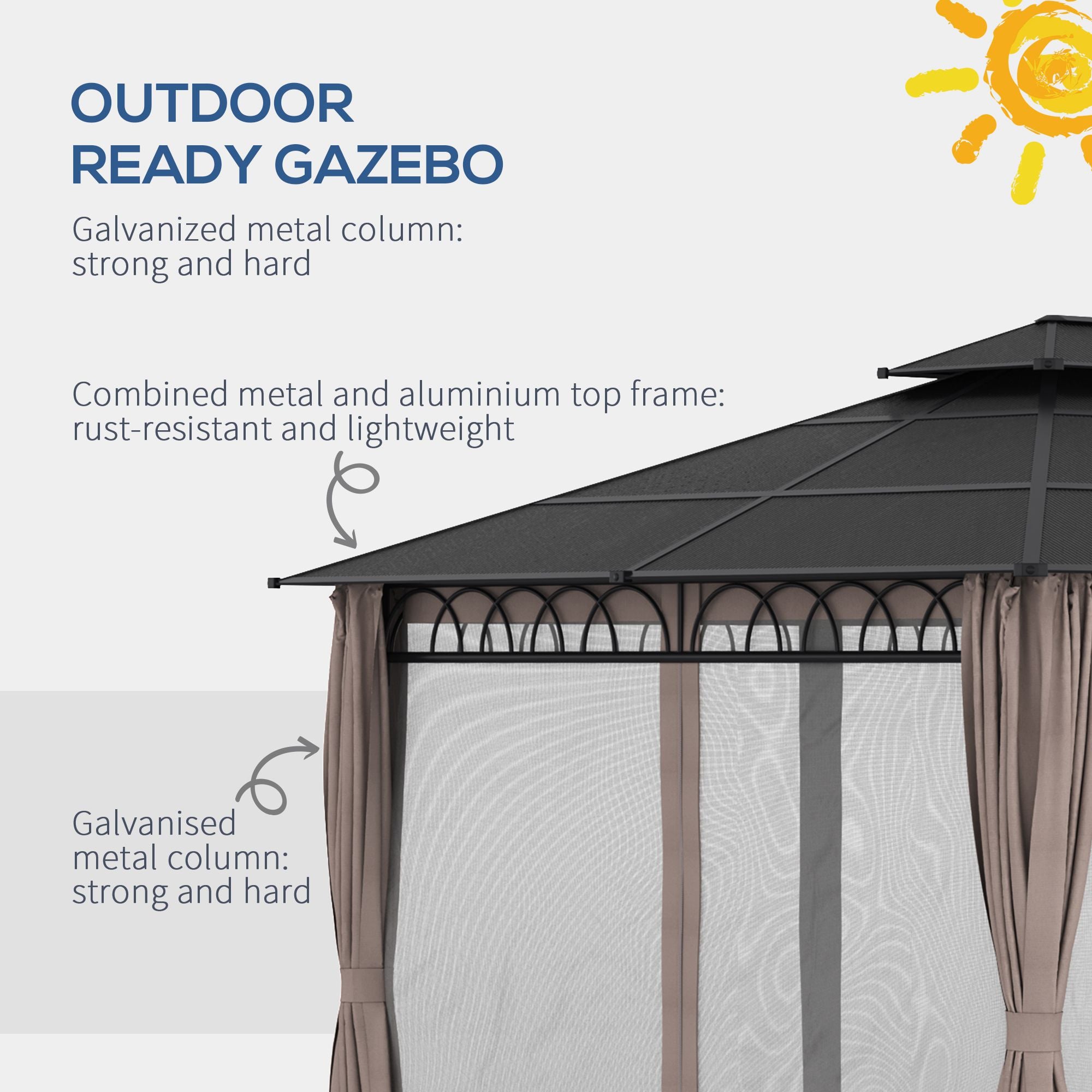 Outsunny 3.6 x 3 (m) Outdoor Polycarbonate Gazebo, Double Roof Hard Top Gazebo with Nettings & Curtains for Garden, Lawn, Patio - North Peak Garden Furniture