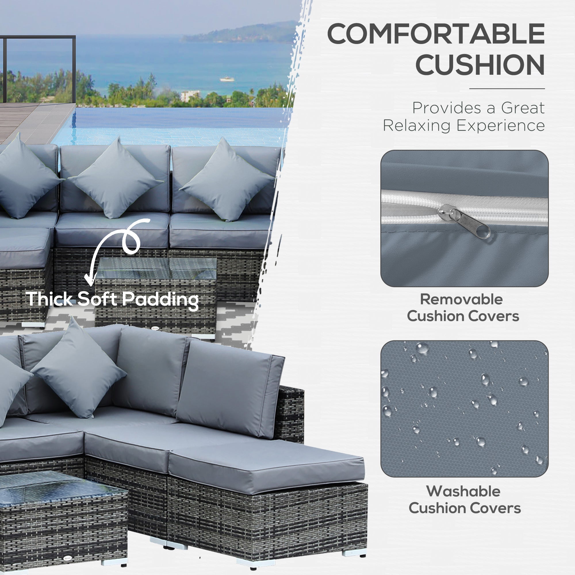 Outsunny 8 Pieces PE Rattan Corner Sofa Set with Thick Cushions, Aluminium Outdoor Rattan Garden Furniture Set with Glass Top Table, No Assembly Required, Grey - North Peak Garden Furniture