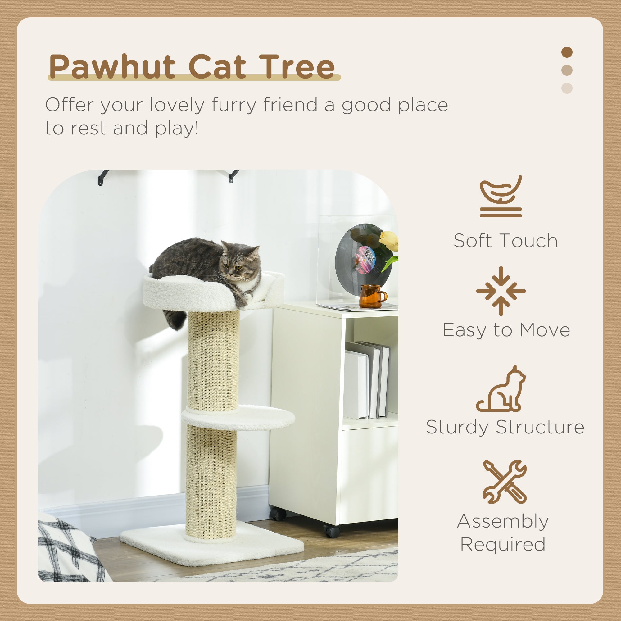 PawHut 2 Tier Sisal Sherpa Cat Tree with Basket Cushion Sisal Post Cream White - North Peak Garden Furniture