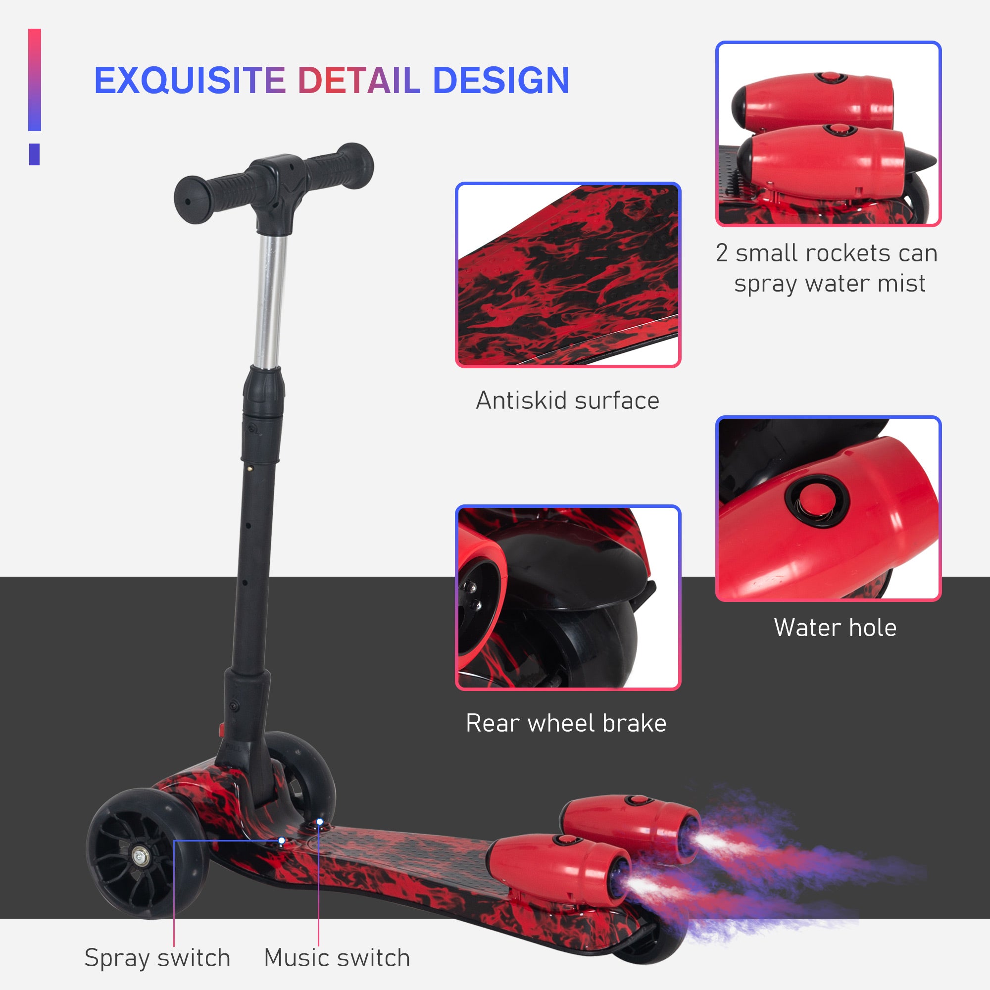 HOMCOM Scooter for Kids Toddler 3 Wheel Adjustable Height w/ Flashing Wheels Music Water Spray Foldable Kick Scooter for Boys and Girls 3 - 6 Yrs Red