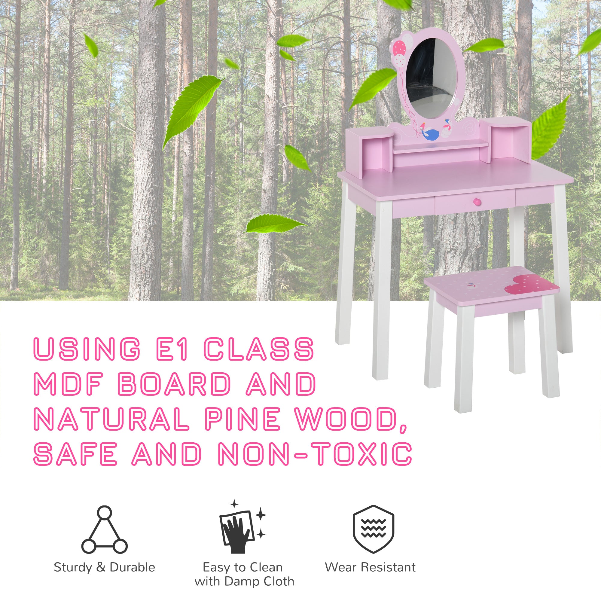 HOMCOM Kids Wooden Dressing Table and Stool Make Up Desk (Pink) - North Peak Garden Furniture