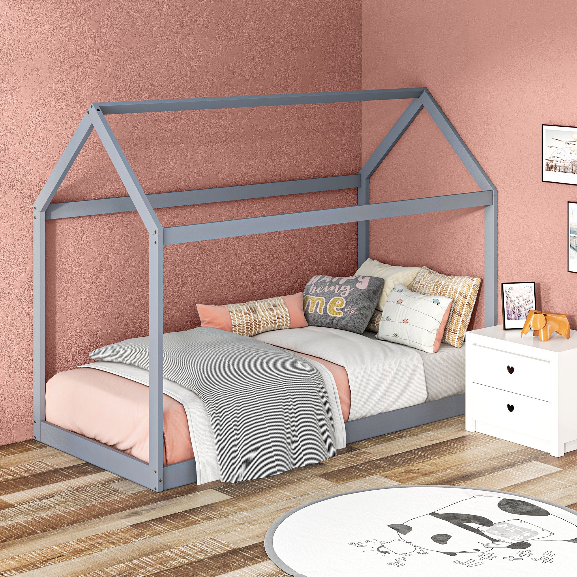 HOMCOM Single Bed Frame, House Scandinavian Style Wooden Bed Frame for 90W x 190Dcm Mattress, Pine Wood Bed Base, Grey - North Peak Garden Furniture