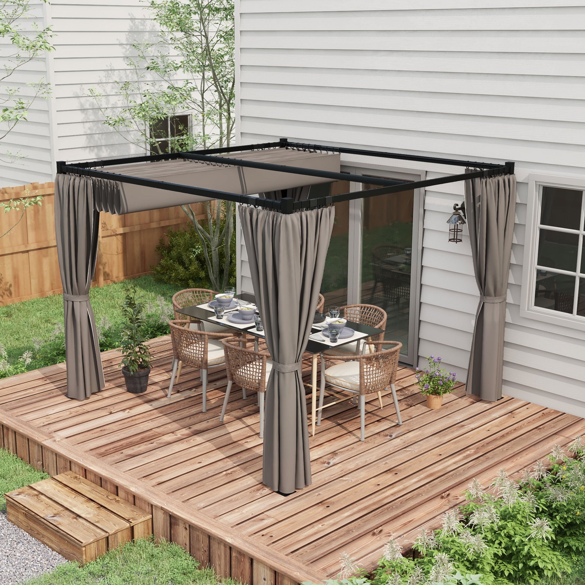 Outsunny 3 x 3m Moving Canopy Metal Pergola, with Curtains - Grey - North Peak Garden Furniture