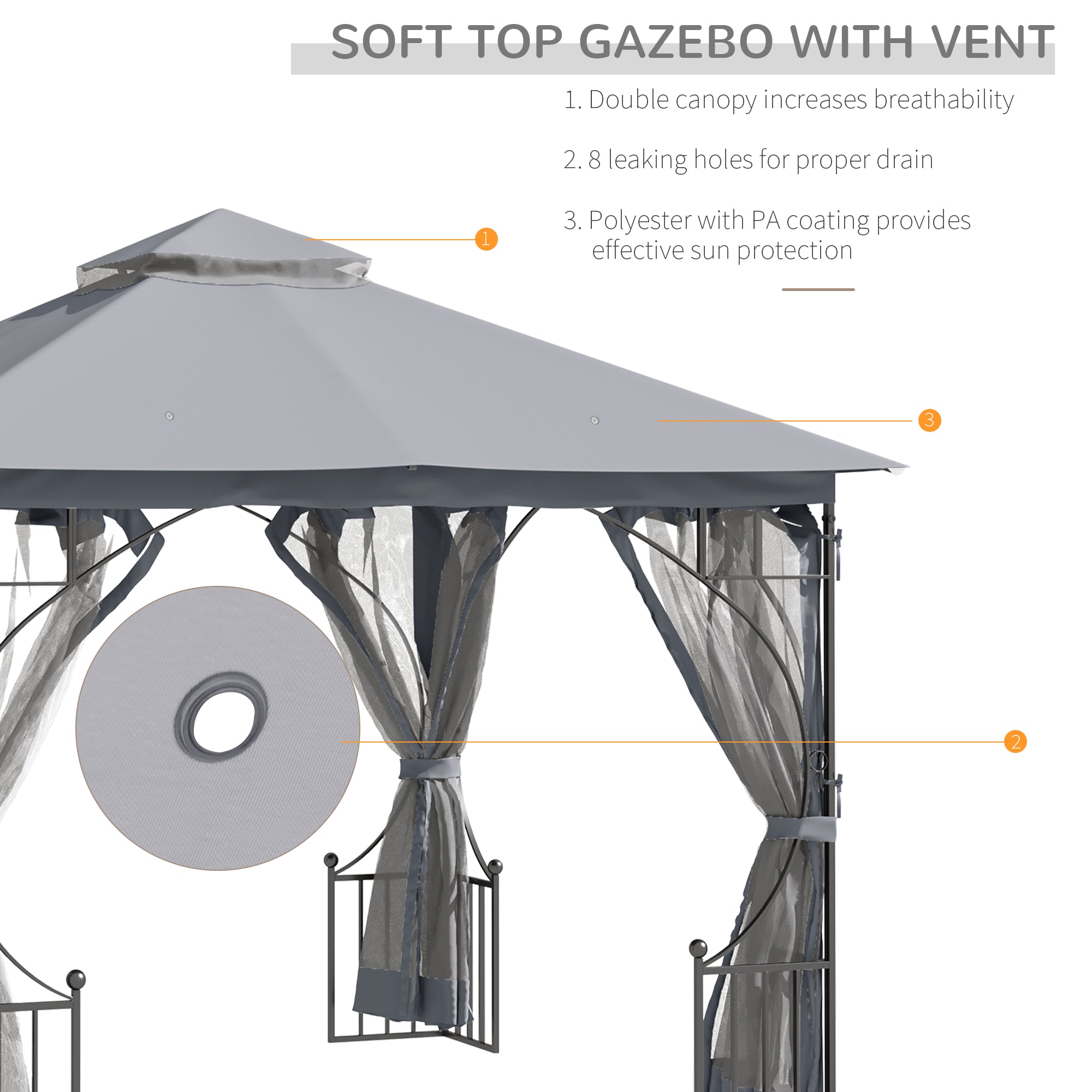 Outsunny 3 x 3(m) Garden Gazebo Patio Party Tent Shelter Outdoor Canopy Double Tier Sun Shade Metal Frame Netting Light Grey