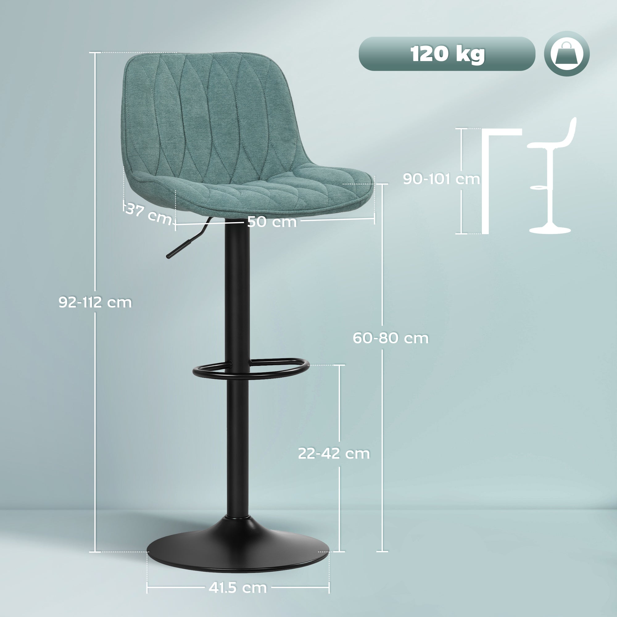 HOMCOM Bar Stools Set of 2, Height Adjustable Swivel Barstools with Backrest and Footrest, Modern Linen Upholstered Armless Bar Chairs for Kitchen, Breakfast Counter, Blue - North Peak Garden Furniture