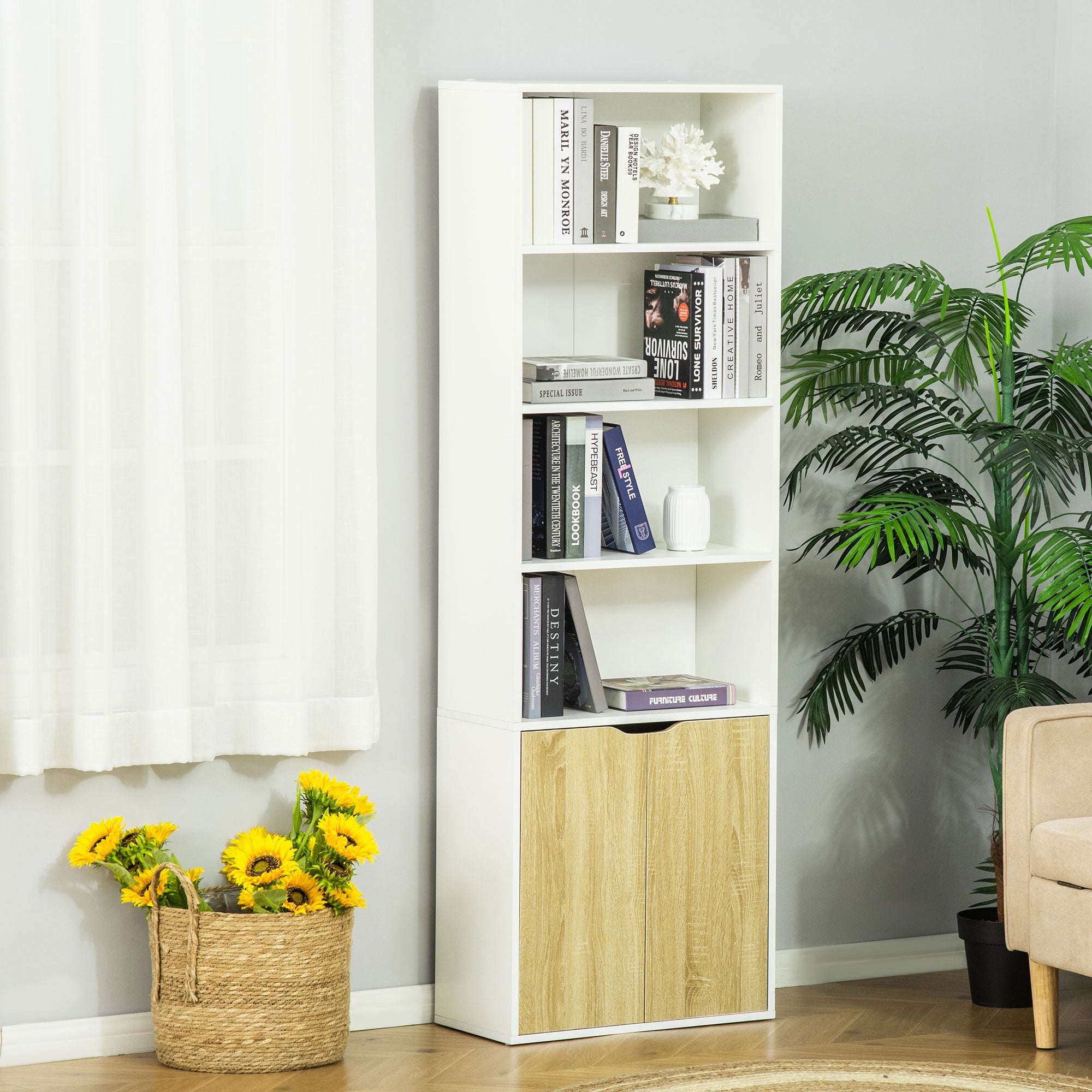 HOMCOM 6-Tier Tall Bookcase, Bookshelf with 4 Open Shelves and Double Door Storage Cabinet, Freestanding Display Rack for Living Room, Bedroom, Home Office, Study, 59 x 29 x 180cm, White and Oak - North Peak Garden Furniture