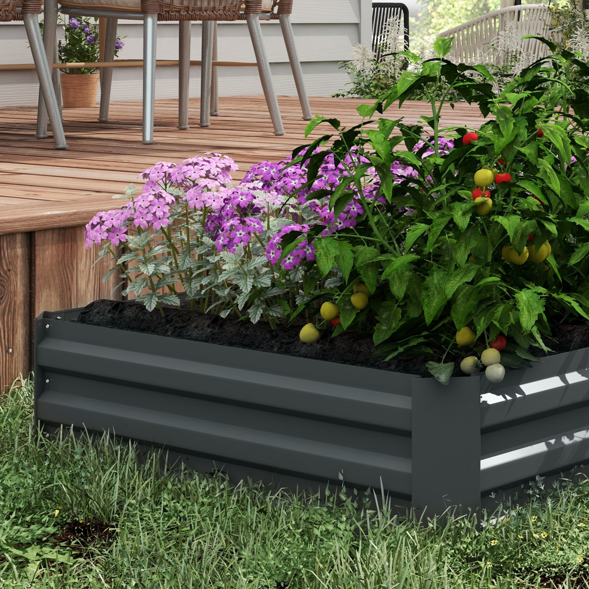 Outsunny Set of 2 291L Raised Garden Bed, Elevated Galvanised Planter Box for Flowers, Herbs, 100x100x30cm, Dark Grey - North Peak Garden Furniture