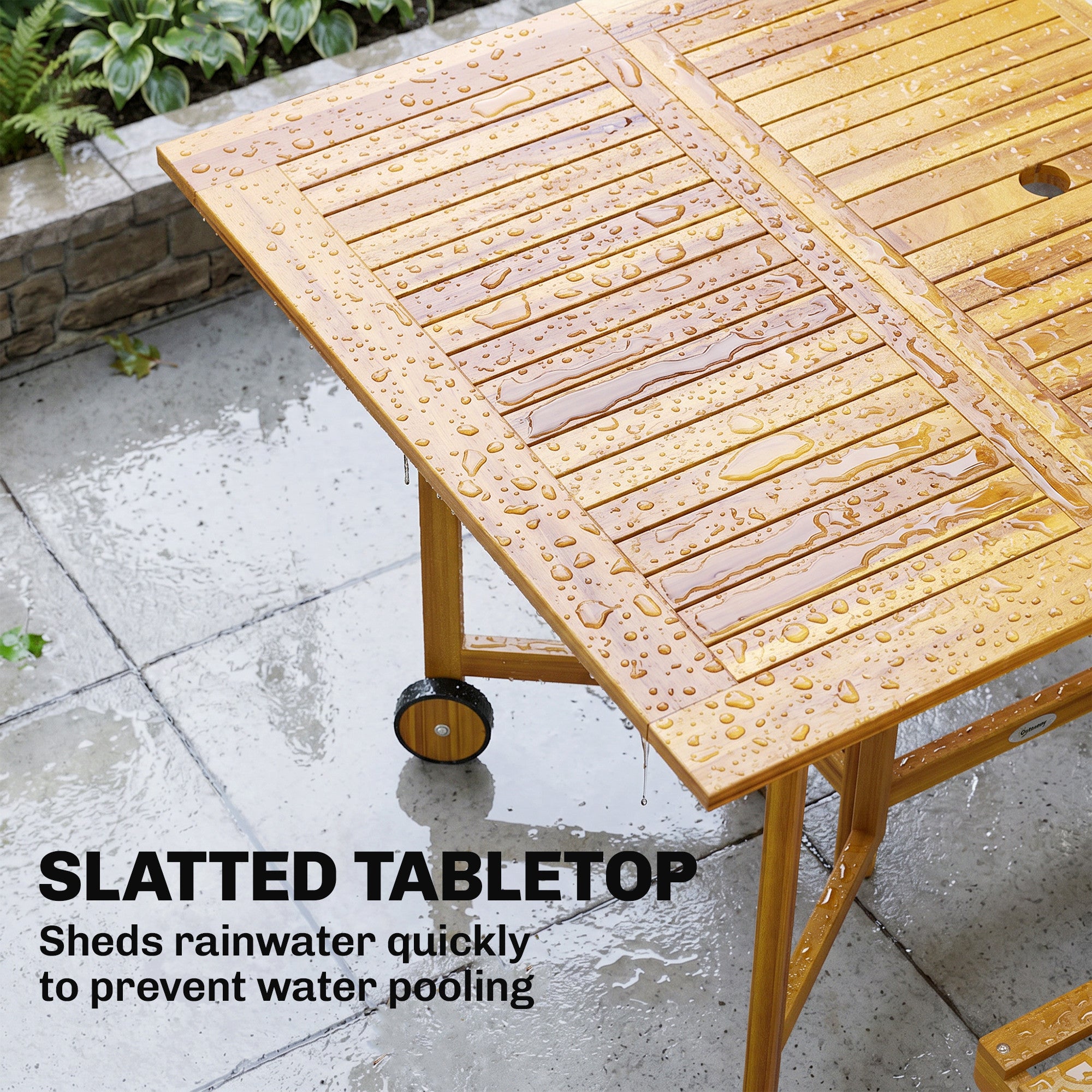 Outsunny 7 Pieces Garden Dining Set, Extending Dining Table and 6 Folding Chairs with Umbrella Hole for Patio, Natural Wood