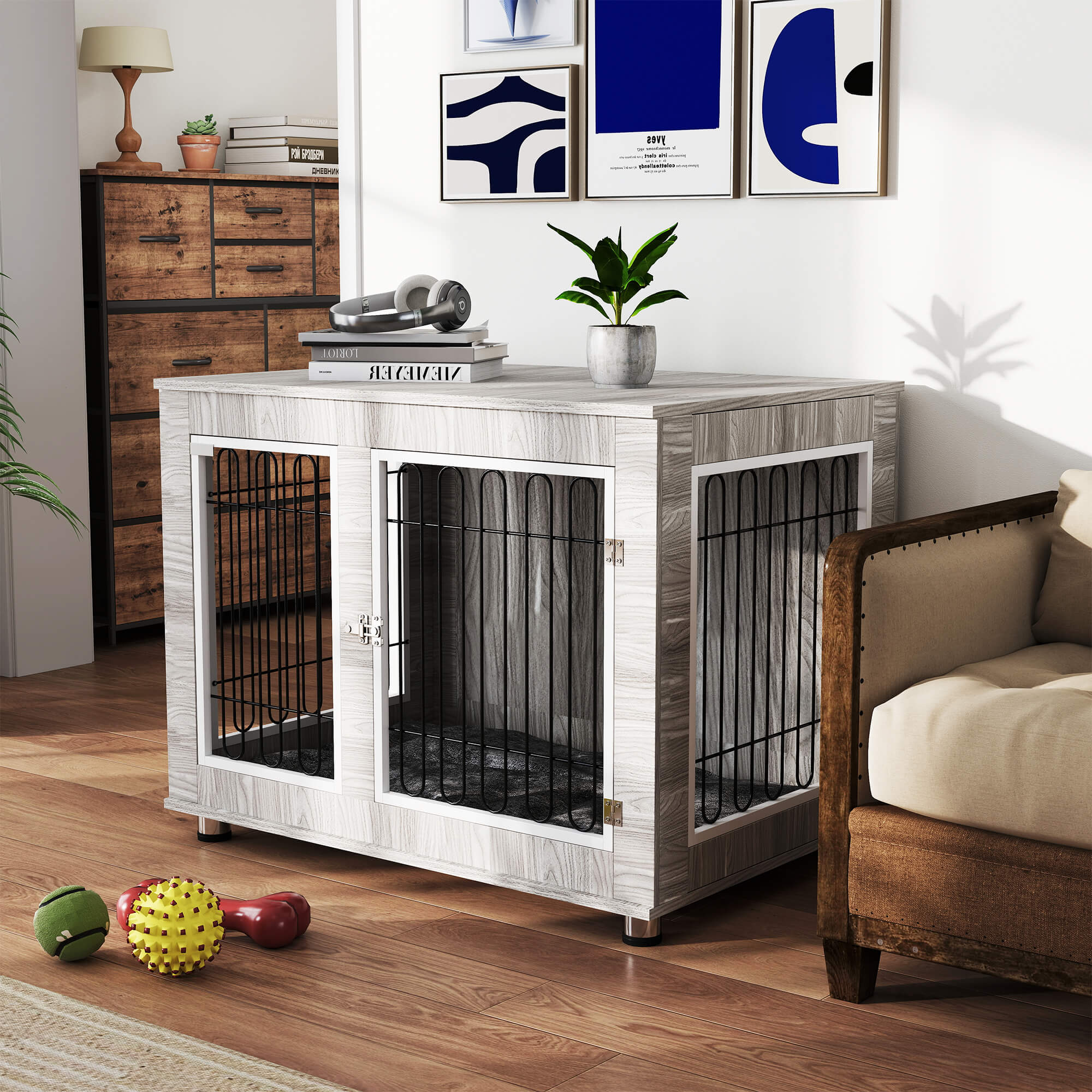 PawHut Indoor Dog Kennel w/ Soft Cushion, Double Door for Large Dogs, 106 x 74 x 81.5cm, Grey - North Peak Garden Furniture