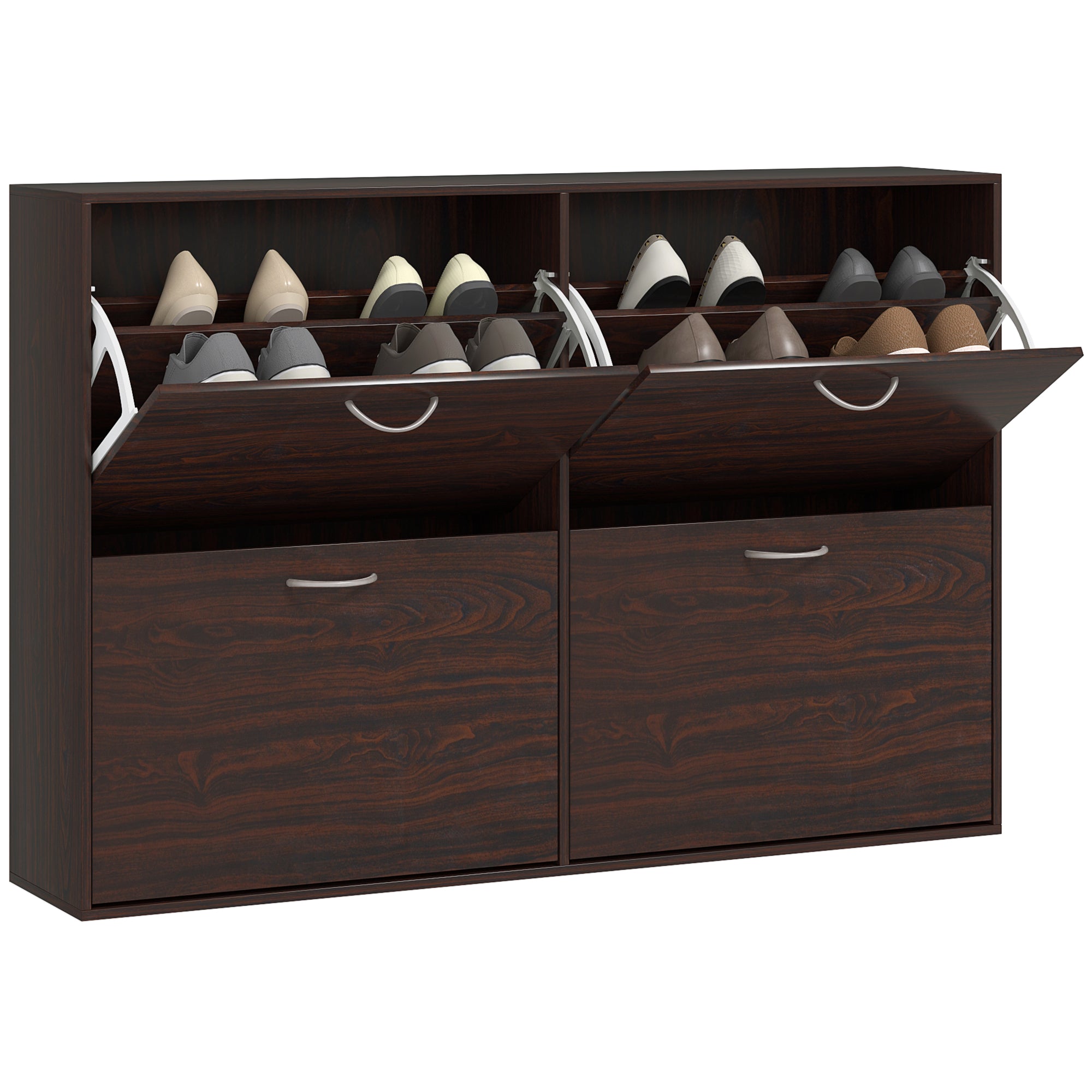 HOMCOM Wooden Modern Design 4 Drawer Shoes Cabinet Pull Down Shelf Storage Organiser Entrance Hallway Furniture - Dark Brown - North Peak Garden Furniture