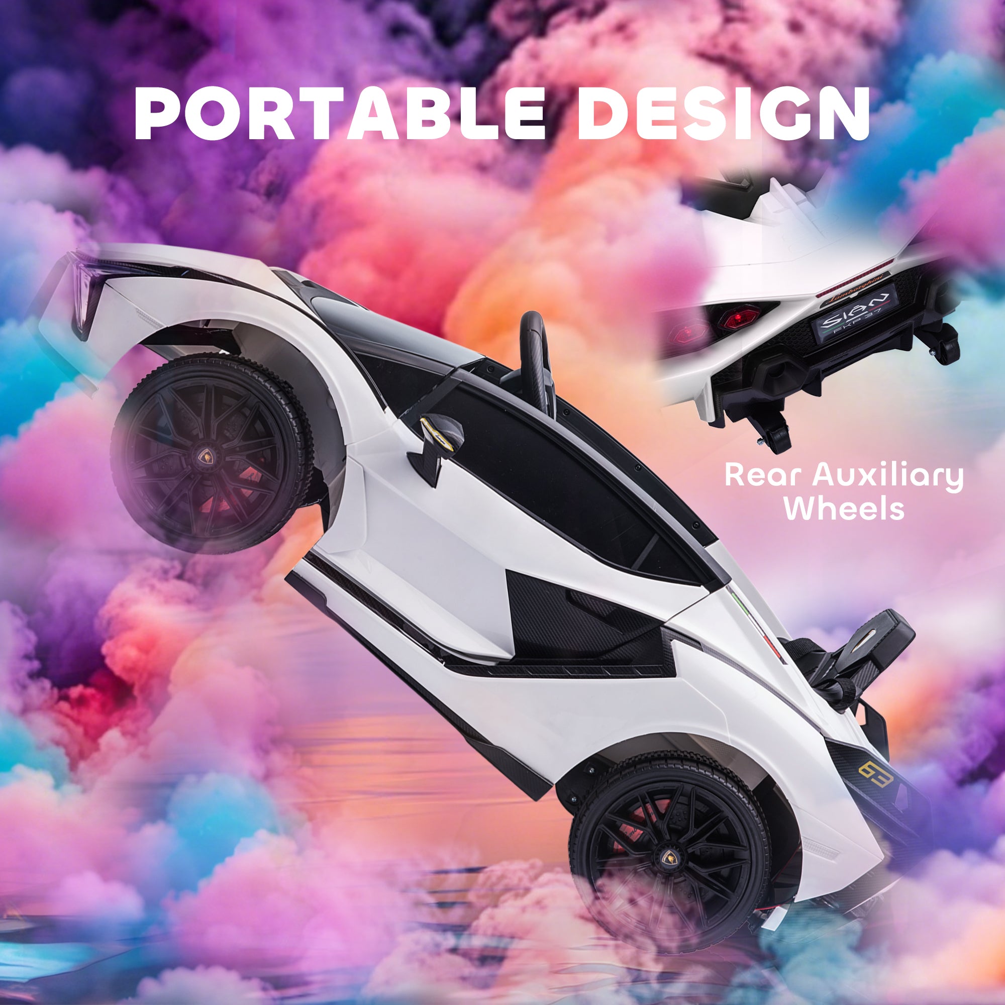 HOMCOM Lamborghini Sian Licensed 12V Kids Electric Ride On Car 2 Motors Toy Car with Remote Control Music Lights MP3 for 3-5 Years White