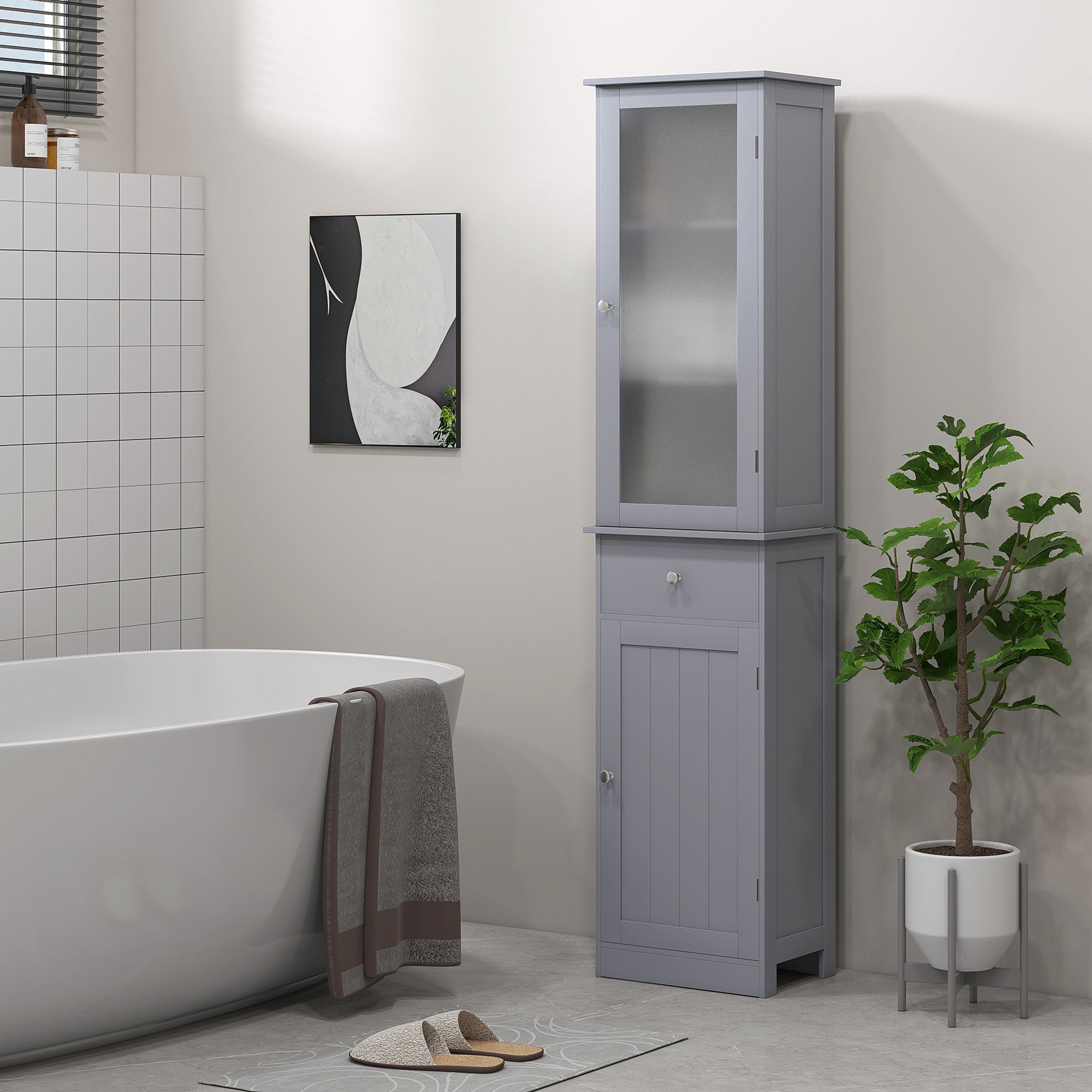 kleankin Bathroom Storage Cabinet with 3-tier Shelf Drawer Door, Floor Cabinet Free Standing Tall Slim Side Organizer Shelves, Grey - North Peak Garden Furniture