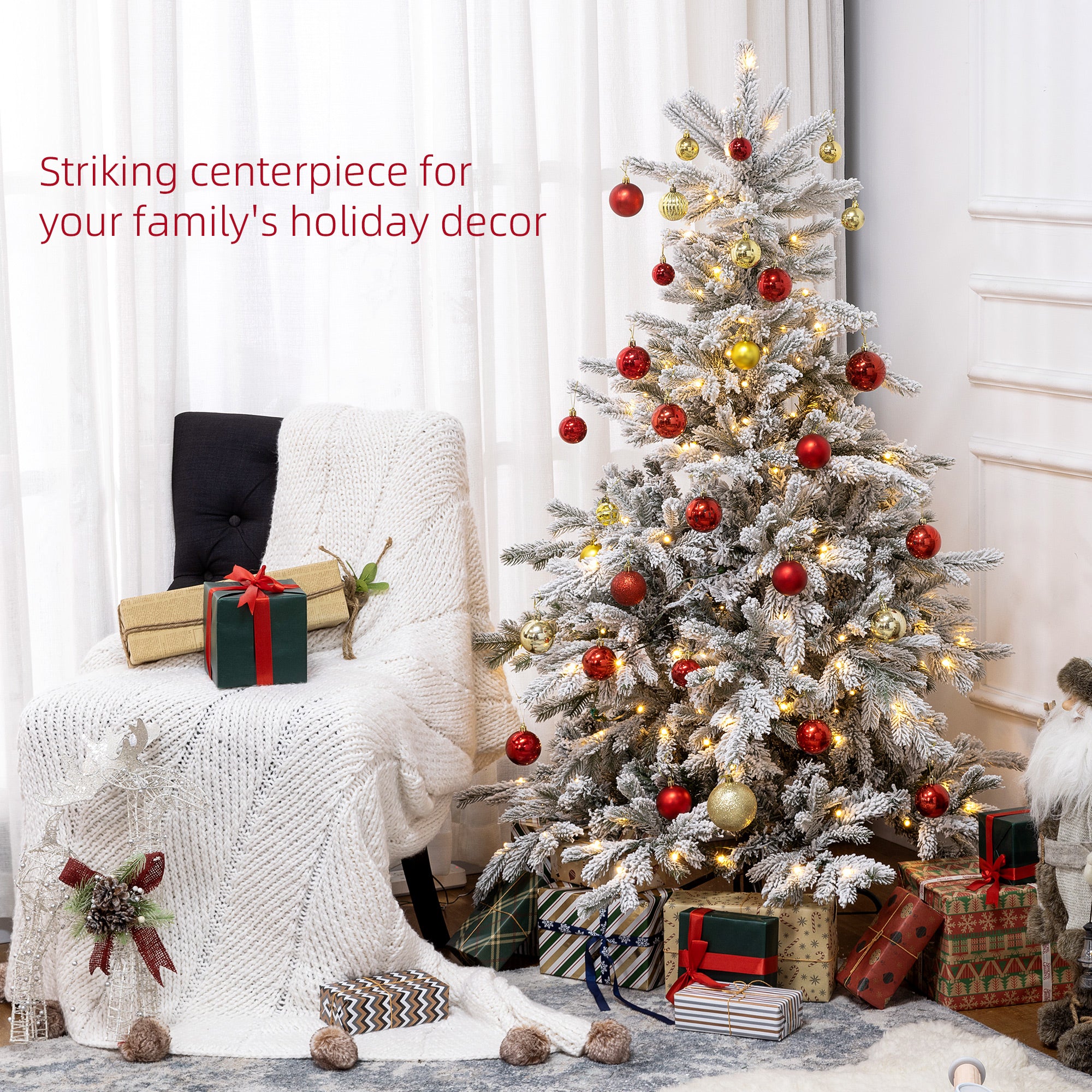 HOMCOM 5ft Bushy Snow-Flocked Artificial Christmas Tree, with LED Lights - North Peak Garden Furniture