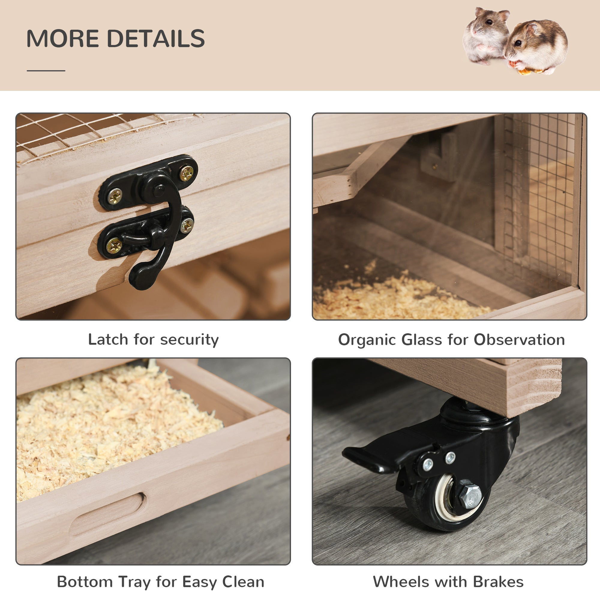 PawHut Wooden Hamster Cage, Mice Rodent Small Animals Kit Hutch, 3 Tiers Exercise Play House, with Wheels, Bottom Tray, 99 x 50 x 69 cm, Natural Wood - North Peak Garden Furniture
