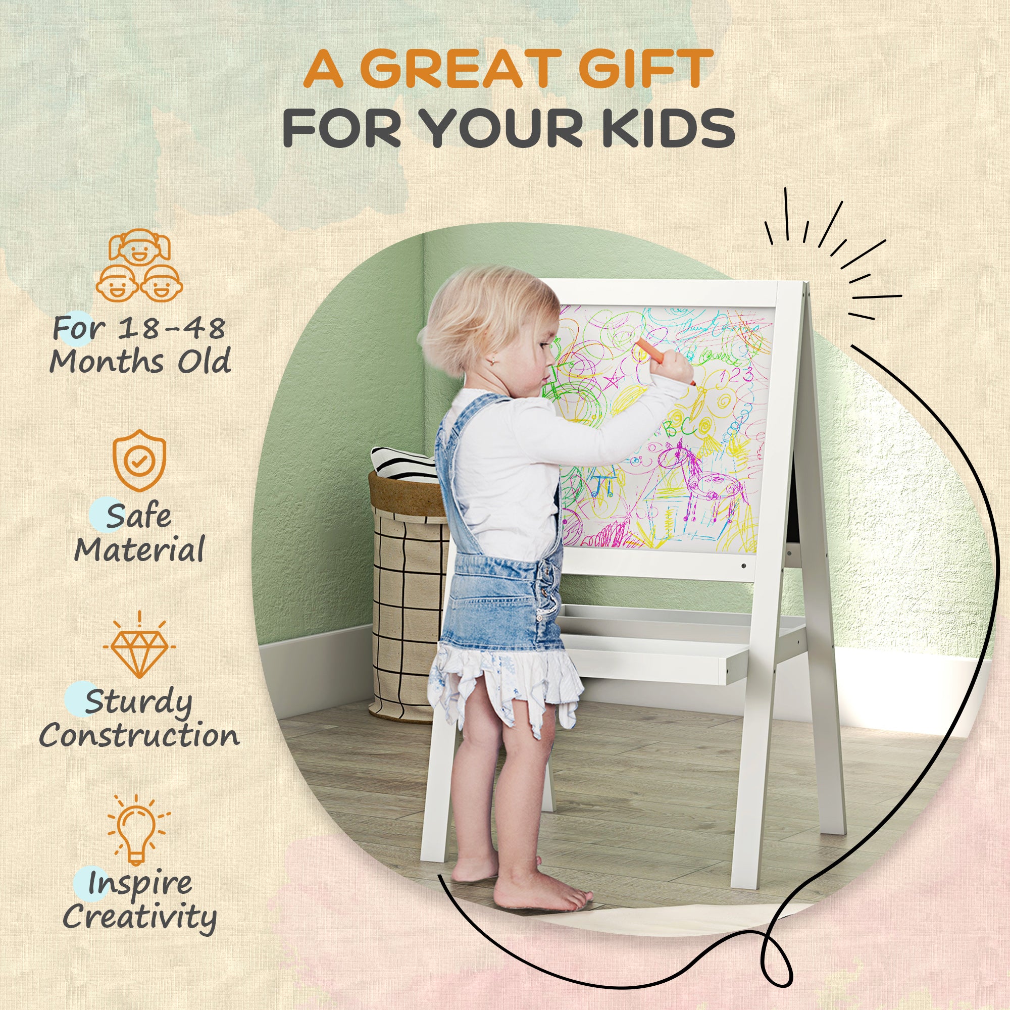AIYAPLAY Kids Easel, Art Easel with Double Sided Whiteboard, Chalkboard, Storage, 2 in 1 Standing Easel for Toddlers 18-48 Months, White - North Peak Garden Furniture
