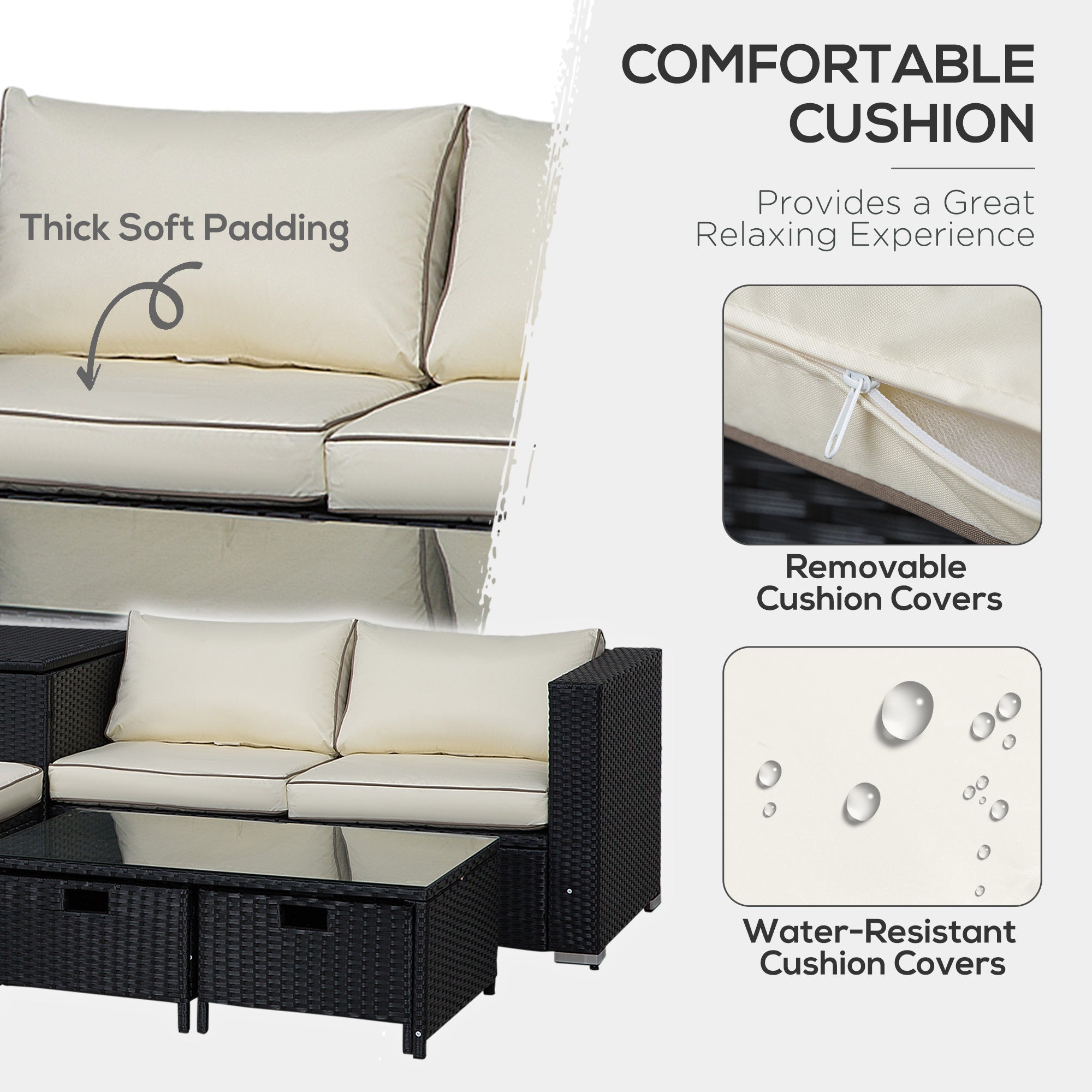 Outsunny 4 Pcs Rattan Wicker Garden Furniture Patio Sofa Storage & Table Set w/ 2 Drawers Coffee Table,Great Cushioned 4 Seats Corner Sofa - Black - North Peak Garden Furniture