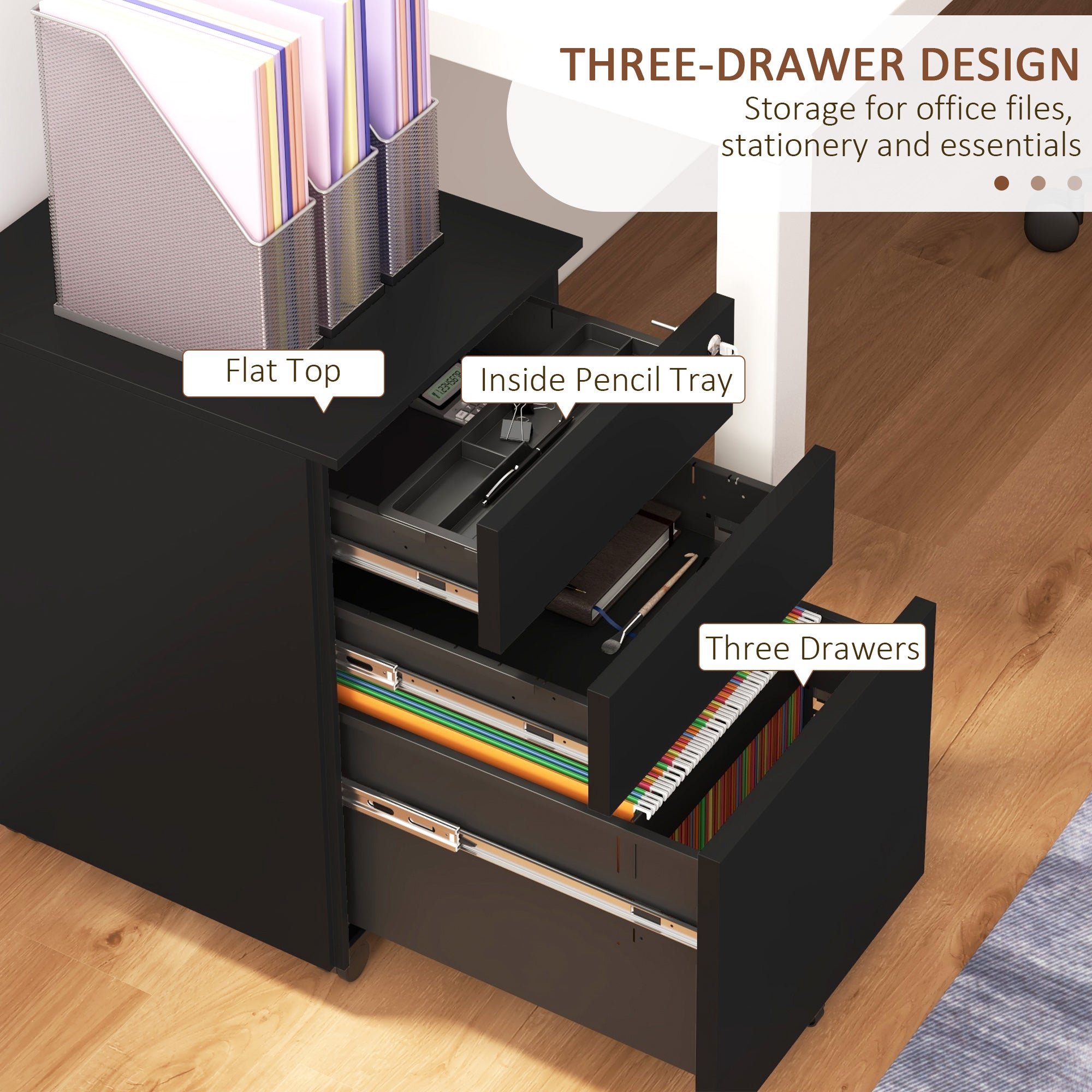 Vinsetto 3-Drawer Vertical Filing Cabinet with Pencil Tray, Lock and 5 Wheels, Steel Mobile File Cabinet, for A4, Legal and Letter Size, Pre-Assembled Body, Black - North Peak Garden Furniture