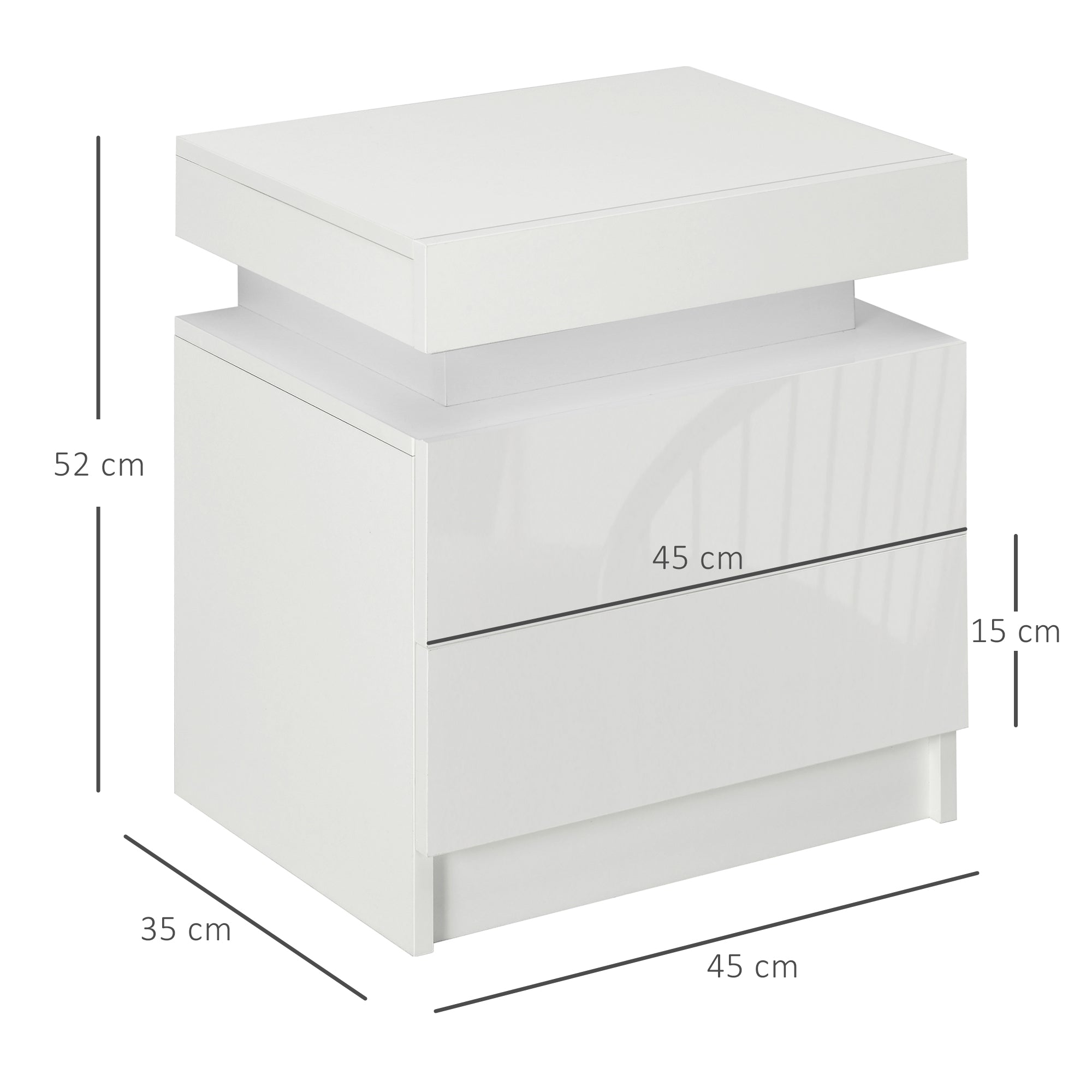 HOMCOM White Bedside Table with LED Light, High Gloss Front Nightstand with 2 Drawers, for Living Room, Bedroom - North Peak Garden Furniture