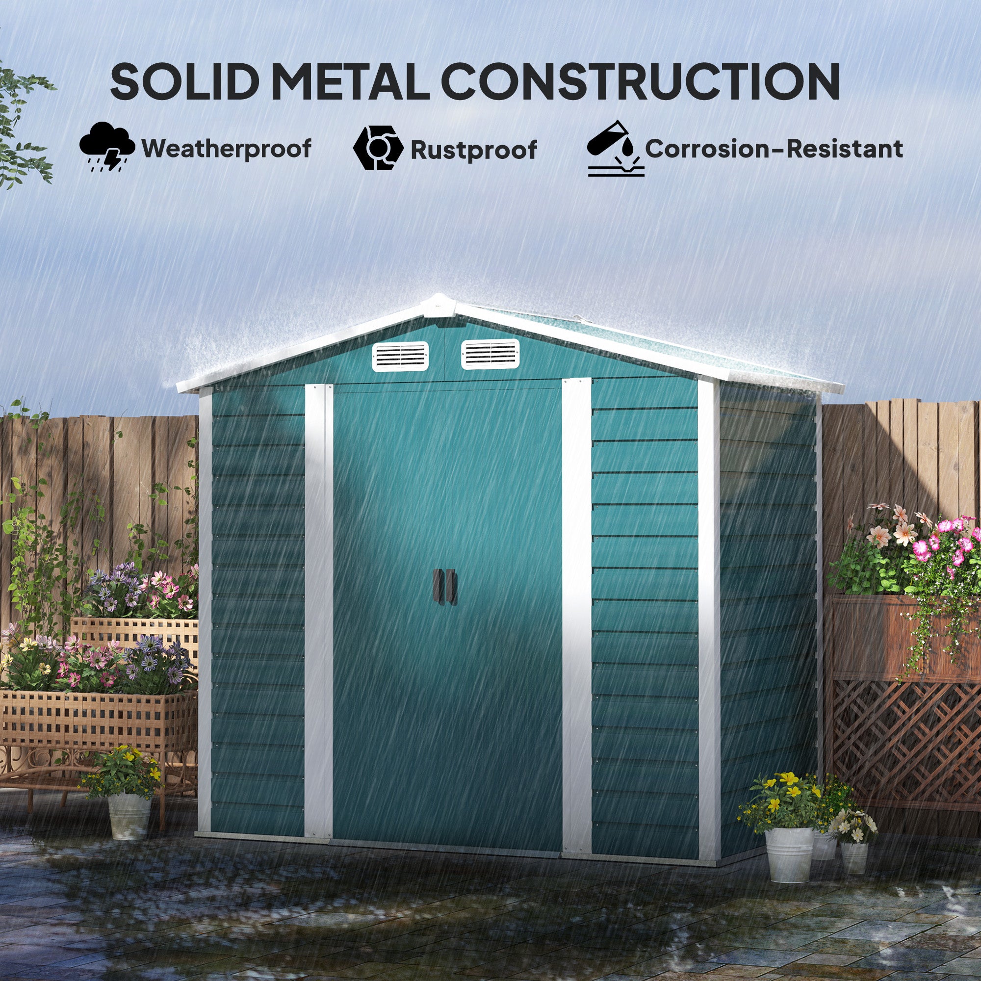 Outsunny 7 x 4ft Garden Shed, Easy to Assemble, Upgraded Galvanised Steel Frame with Foundation Kit, Double Doors with Lock, Outdoor Metal Shed with Vents and Gloves, Garden Storage Shed, Green - North Peak Garden Furniture