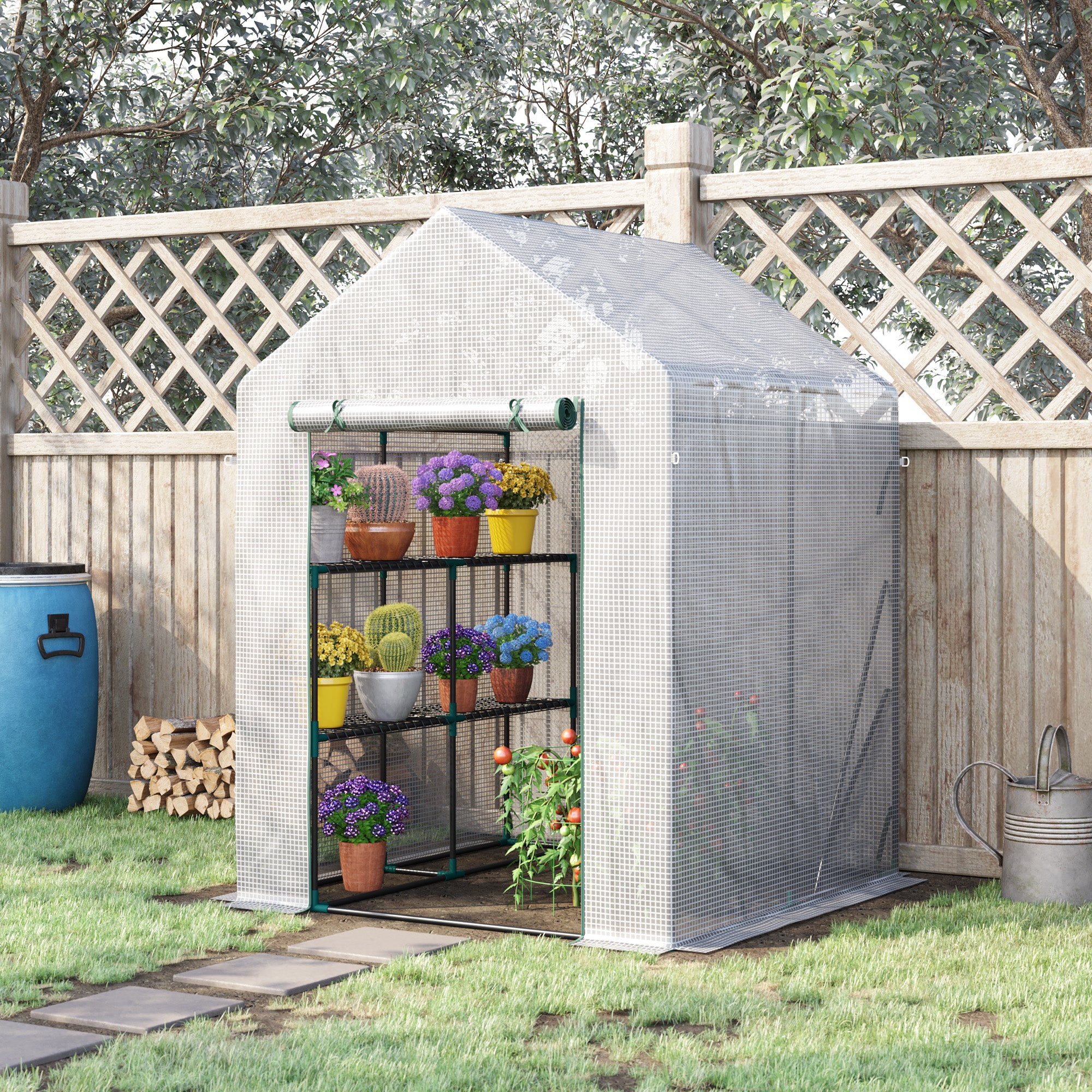 Outsunny Greenhouse for Outdoor, Portable Gardening Plant Grow House with 2 Tier Shelf, Roll-Up Zippered Door, PE Cover, 143 x 143 x 195cm, Green - North Peak Garden Furniture