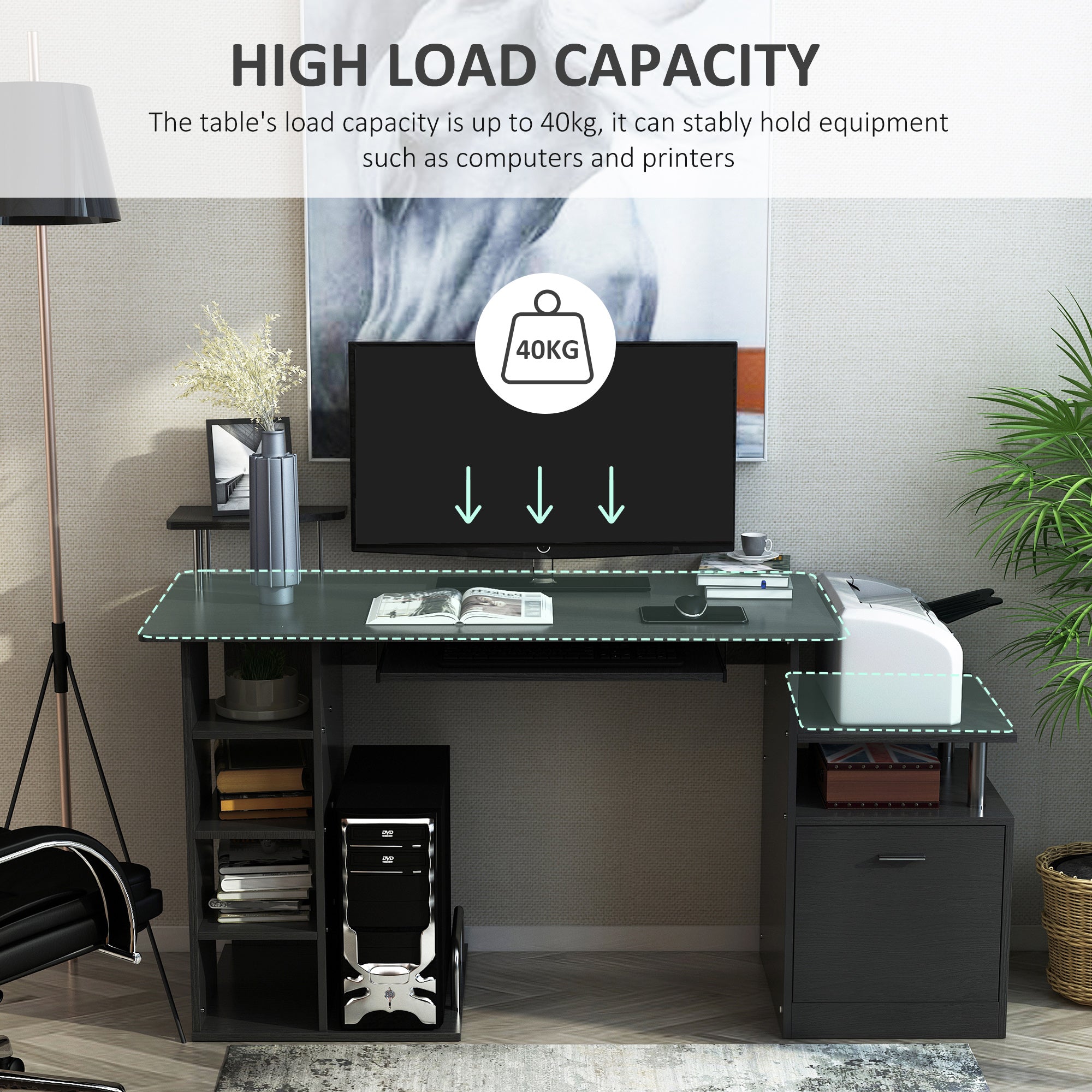 HOMCOM Computer Desk PC Workstation with Drawer Shelves CPU Storage Rack Home Office Furniture 152 x 60 x 88cm (BLACK) - North Peak Garden Furniture