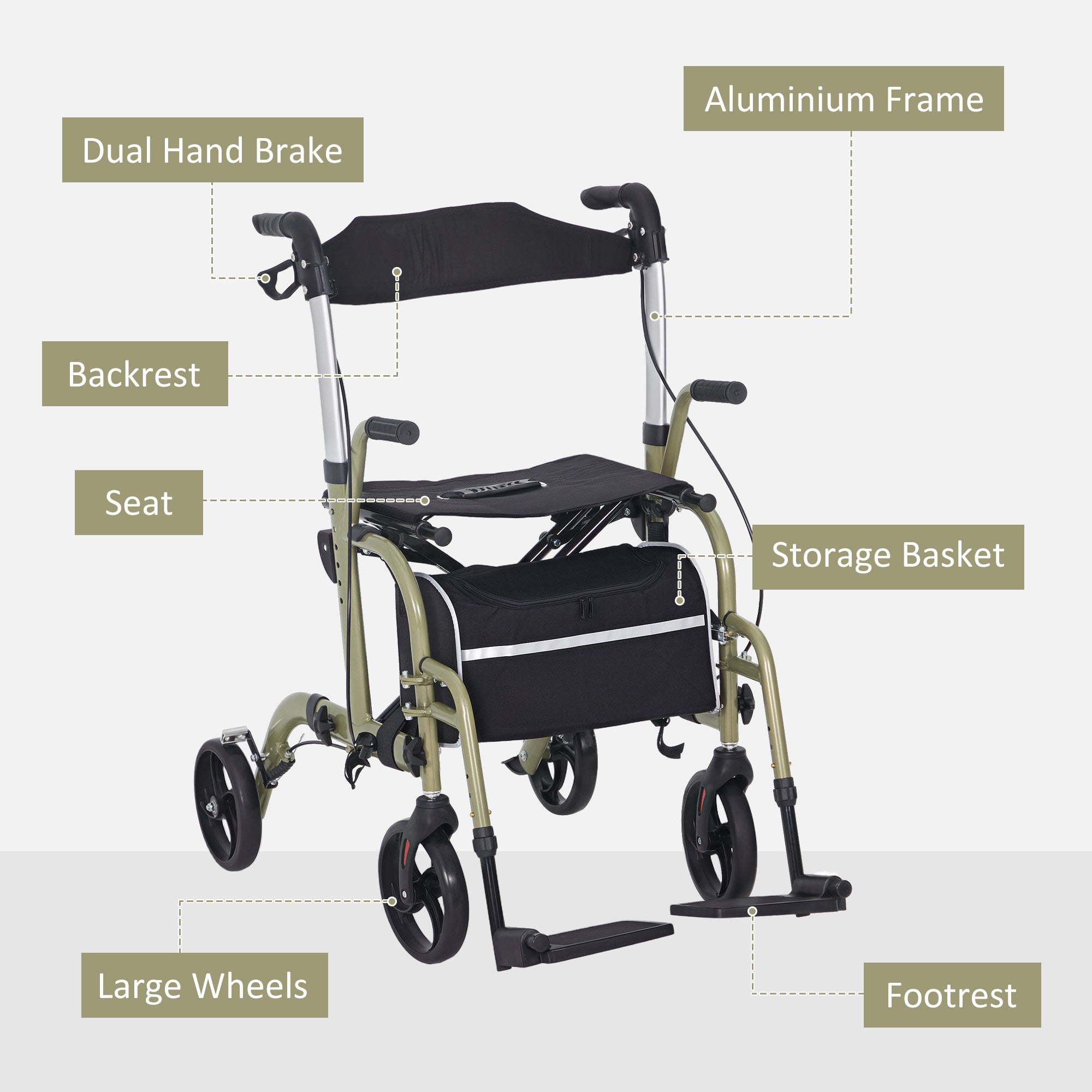 HOMCOM 2 in 1 Wheelchair & Folding Rollator Walker with Seat, Backrest, Footrest Combo, Lightweight Walking Frame with Storage Bag, Adjustable Height, 4 Wheeled Walker for Seniors, Yellow-green - North Peak Garden Furniture