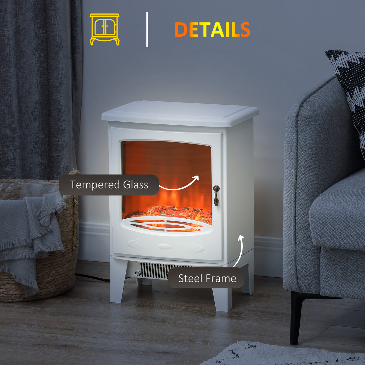 HOMCOM Electric Fireplace Stove, Freestanding Log Burner, 1000W/2000W, Portable Electric Fire Fan Heater with LED Flame Effect, Adjustable Thermostat, Glass, Overheat Protection， White