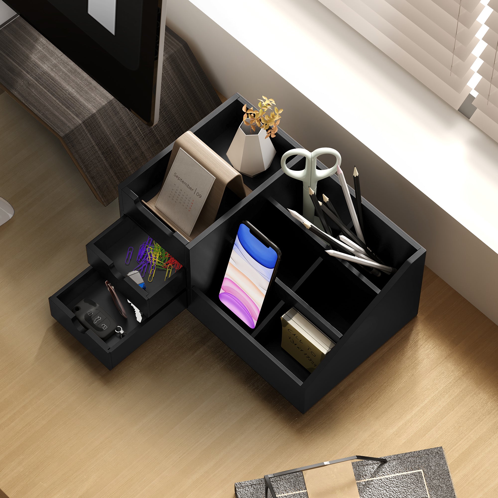 HOMCOM Desk Organiser Holder, Bamboo Multi-Function Storage Caddy with 7 Storage Compartments and 2 Drawers for Home Office Stationary Supplies, Black - North Peak Garden Furniture