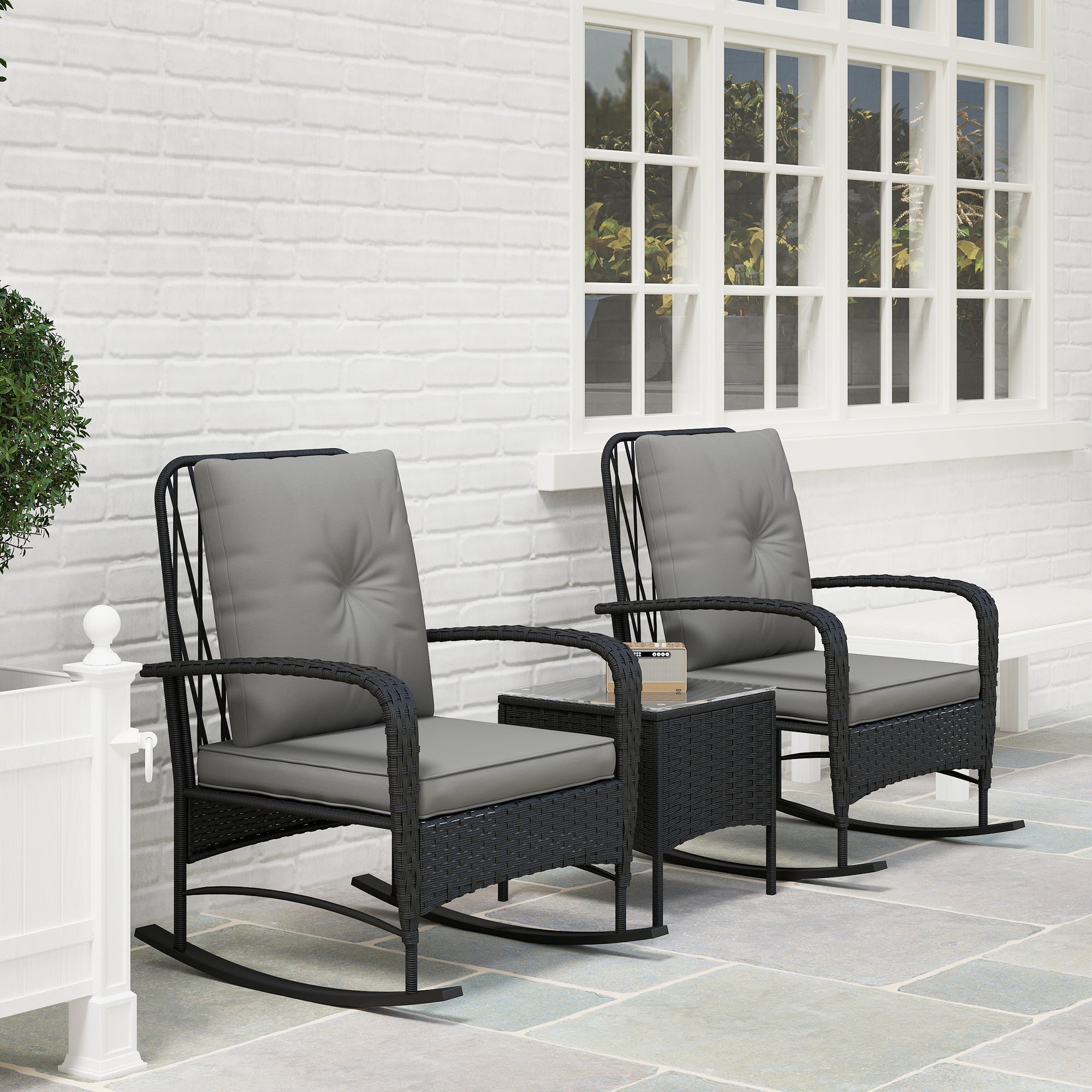 Outsunny Three-Piece Rocking Chair Rattan Bistro Set - Black - North Peak Garden Furniture