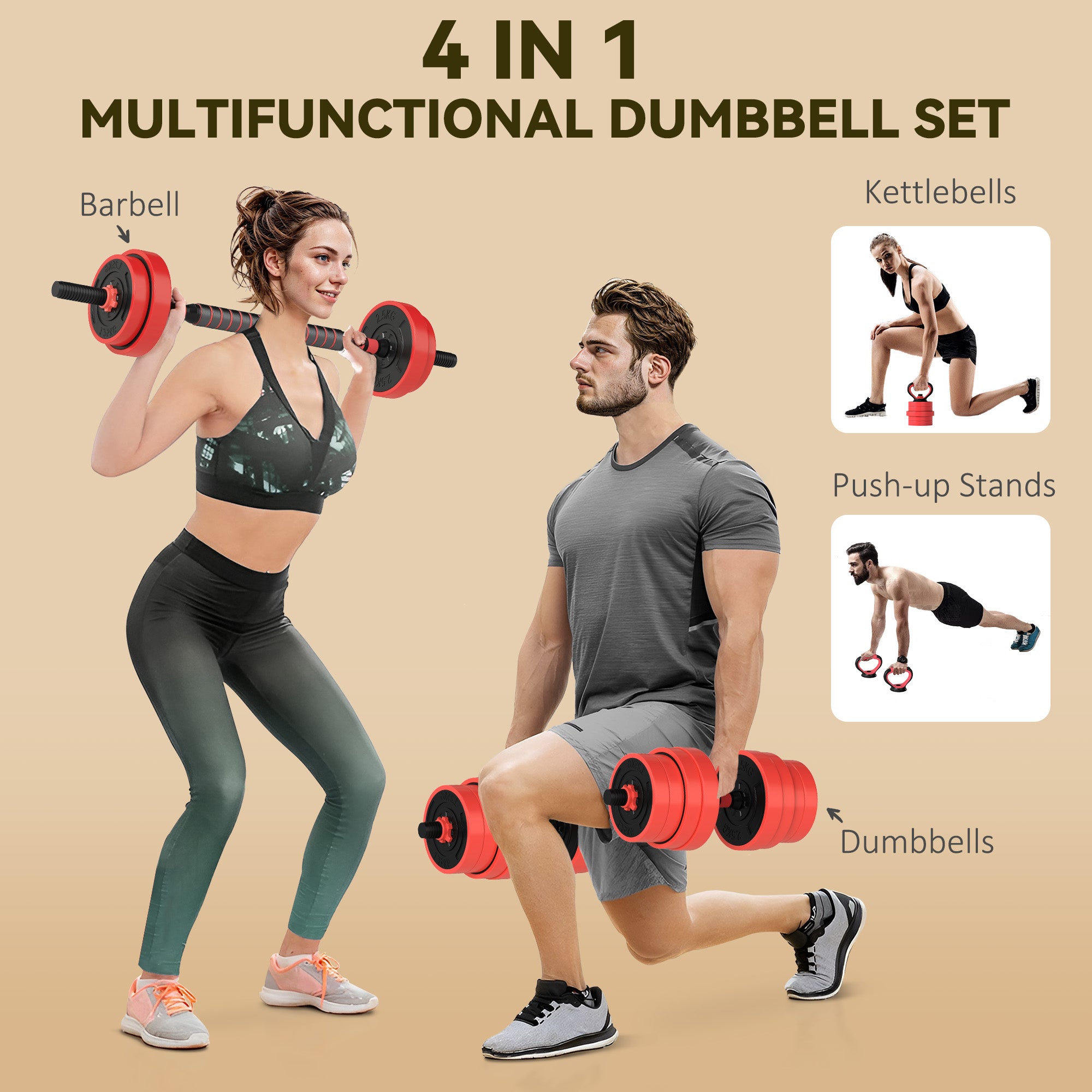 SPORTNOW 30kg Four-In-One Adjustable Weight Dumbbells Set, Barbell, Kettlebell, Push Up Stand - Red - North Peak Garden Furniture