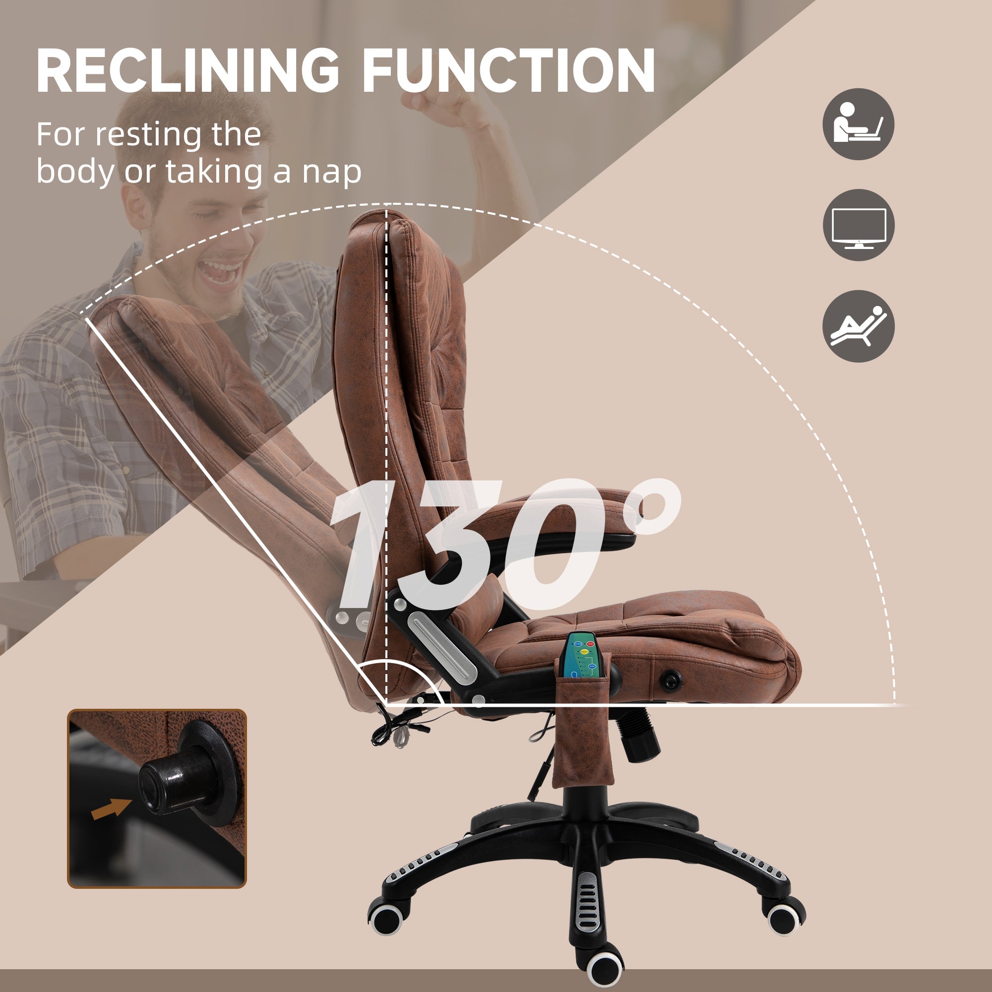 Vinsetto Massage Recliner Chair Heated Office Chair with Six Massage Points Microfiber Cloth 360° Swivel Wheels Brown - North Peak Garden Furniture