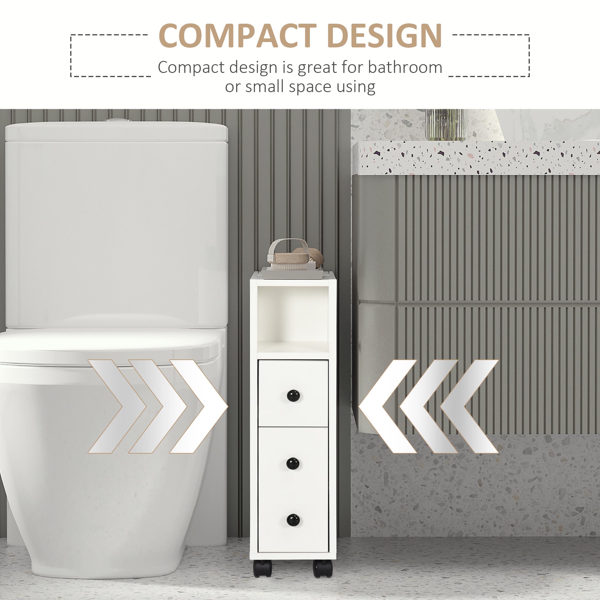 kleankin Slimline Bathroom Storage Unit w/ 2 Drawers 2 Open Compartments Wheels Handles Freestanding Compact Home Office Furniture White