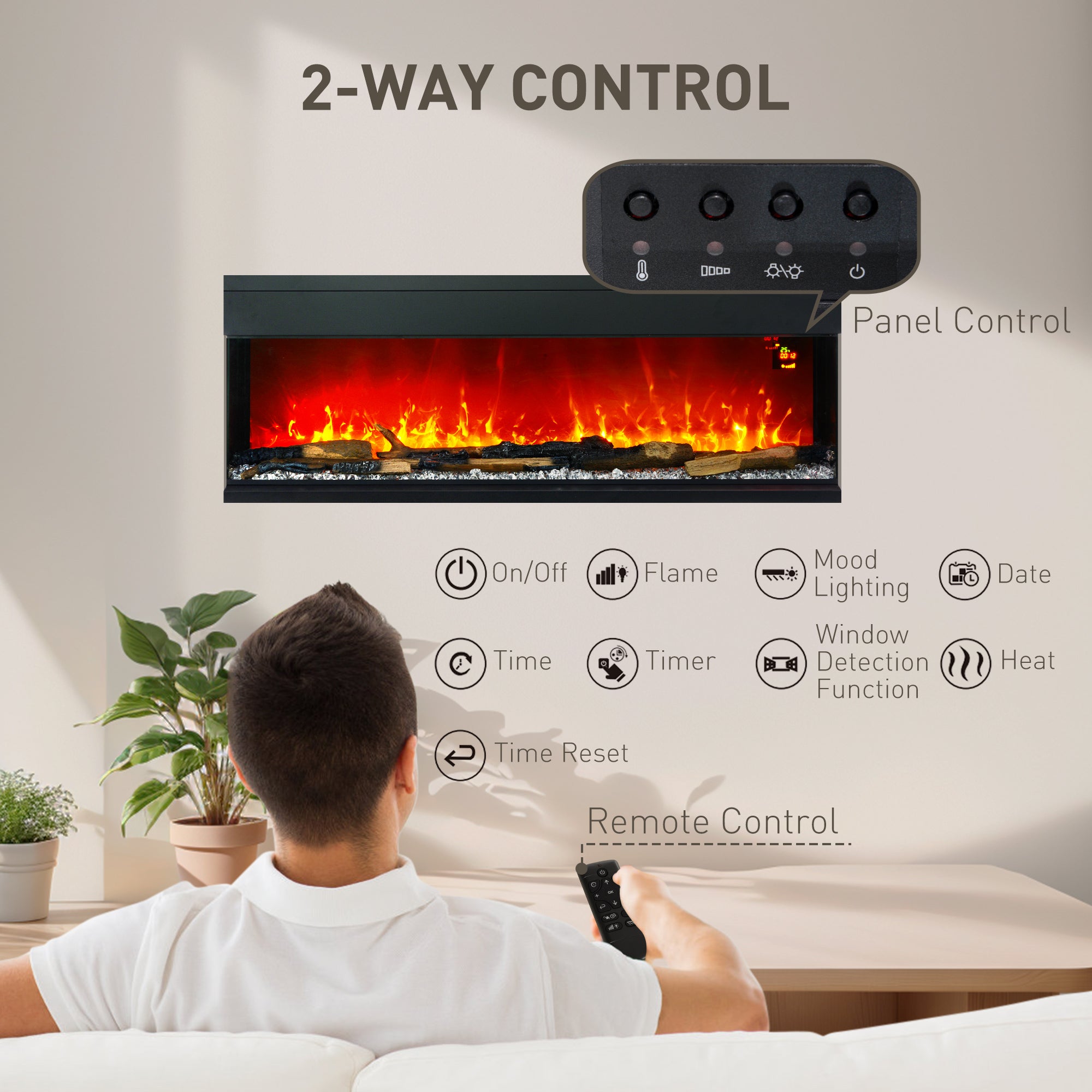 HOMCOM 1800W 15-40℃ Adjustable Flame Glass Panel Convector Heater, 152cm - North Peak Garden Furniture