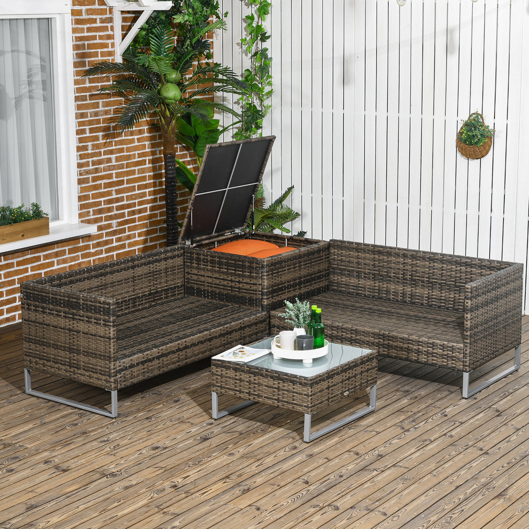 Outsunny Four-Piece Rattan Sofa Set, with Storage Table - Orange/Brown