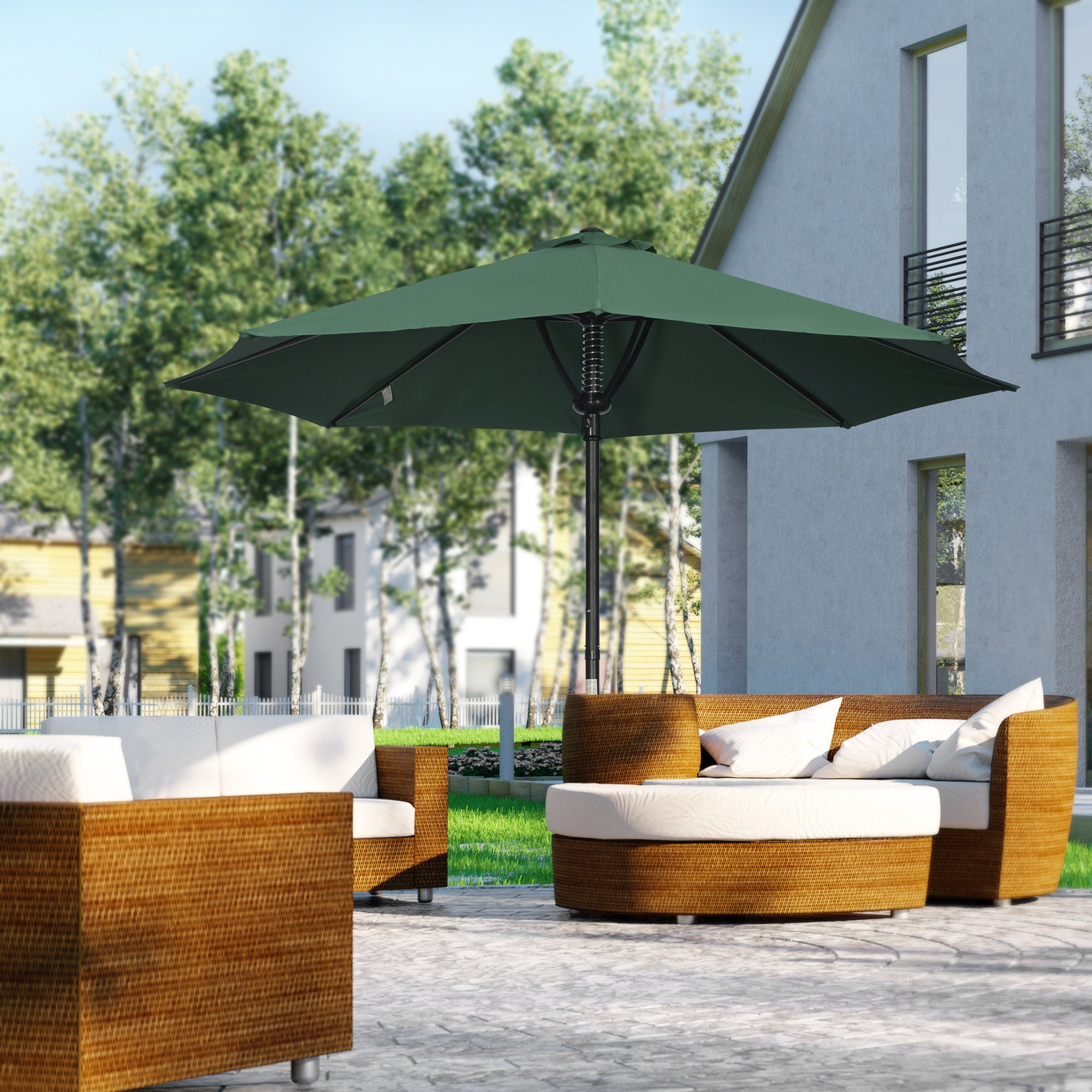 Outsunny Garden 3(m) Parasol Umbrella, Outdoor Market Table Umbrella Sun Shade Canopy with 8 Ribs, Easy Push to Open, Green - North Peak Garden Furniture