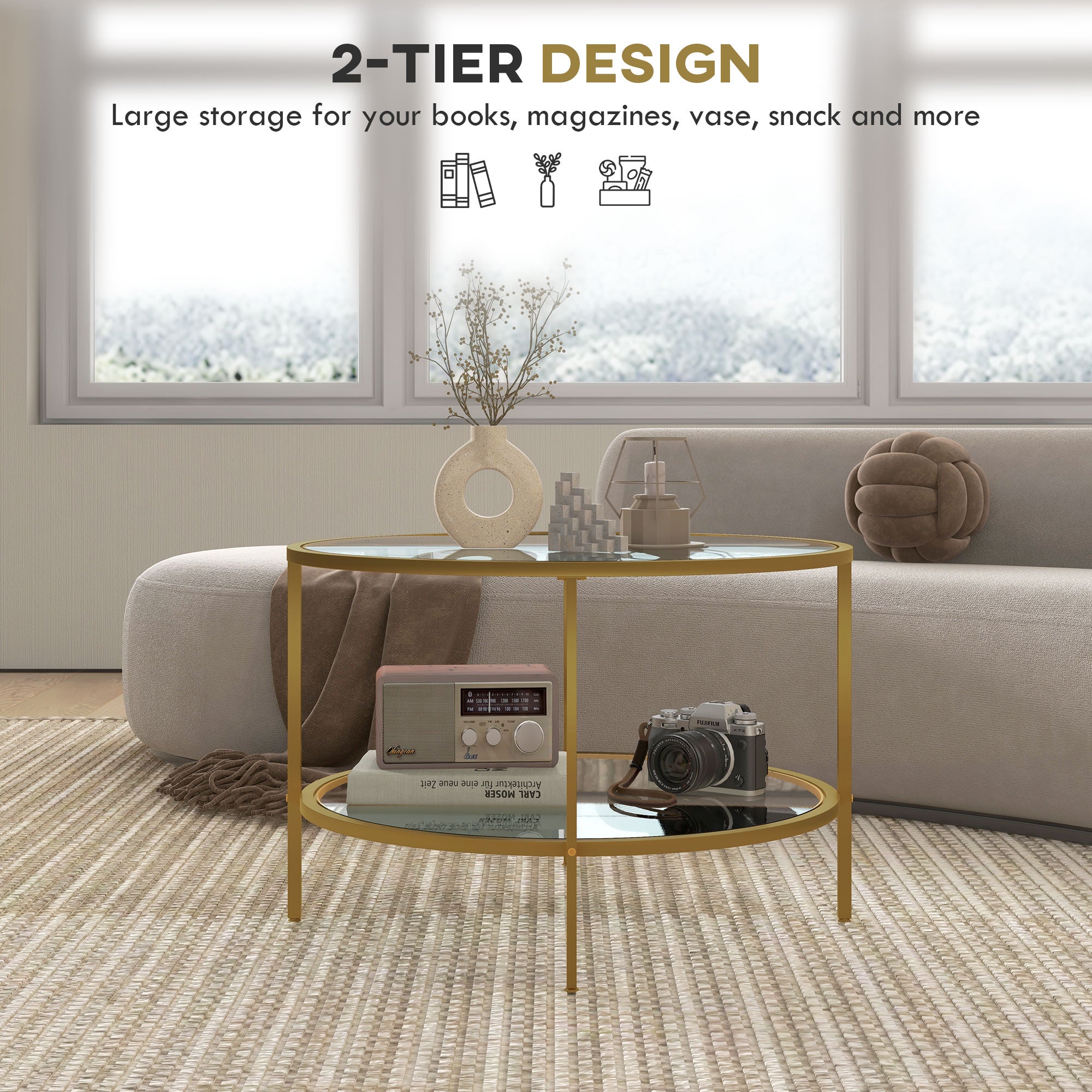 HOMCOM Round Coffee Table with Storage, 2-Tier Tempered Glass Coffee Table with Steel Frame for Living Room, Gold Tone - North Peak Garden Furniture