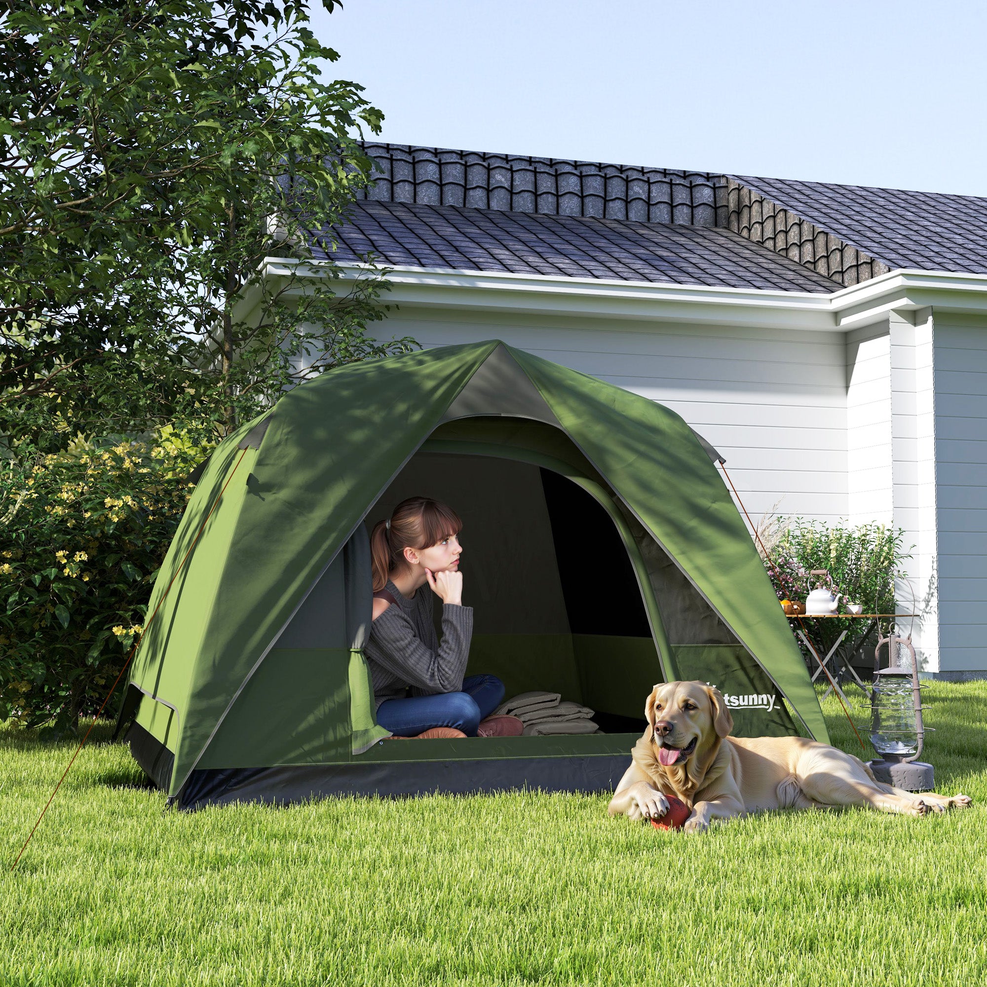 Outsunny 3-4 Person Camping Tent, Easy Set Up Waterproof Dome Tent with Sewn-in Groundsheet, Mesh Windows, Pocket and Hook for Camping, Hiking, Backpacking, Olive Green and Grey - North Peak Garden Furniture