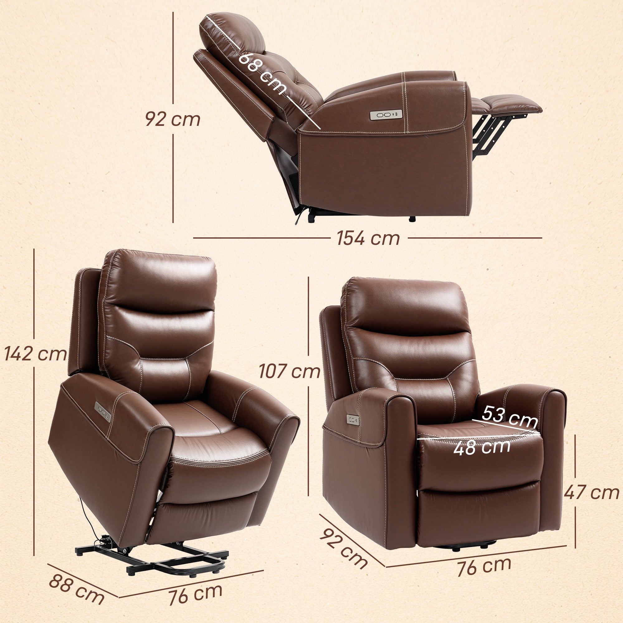 HOMCOM Power Lift Recliner Chair for Elderly, Overstuffed Faux Leather Riser and Reclining Chair with USB A+C Ports, Remote Control, Recliner Armchair for Living Room, Brown - North Peak Garden Furniture