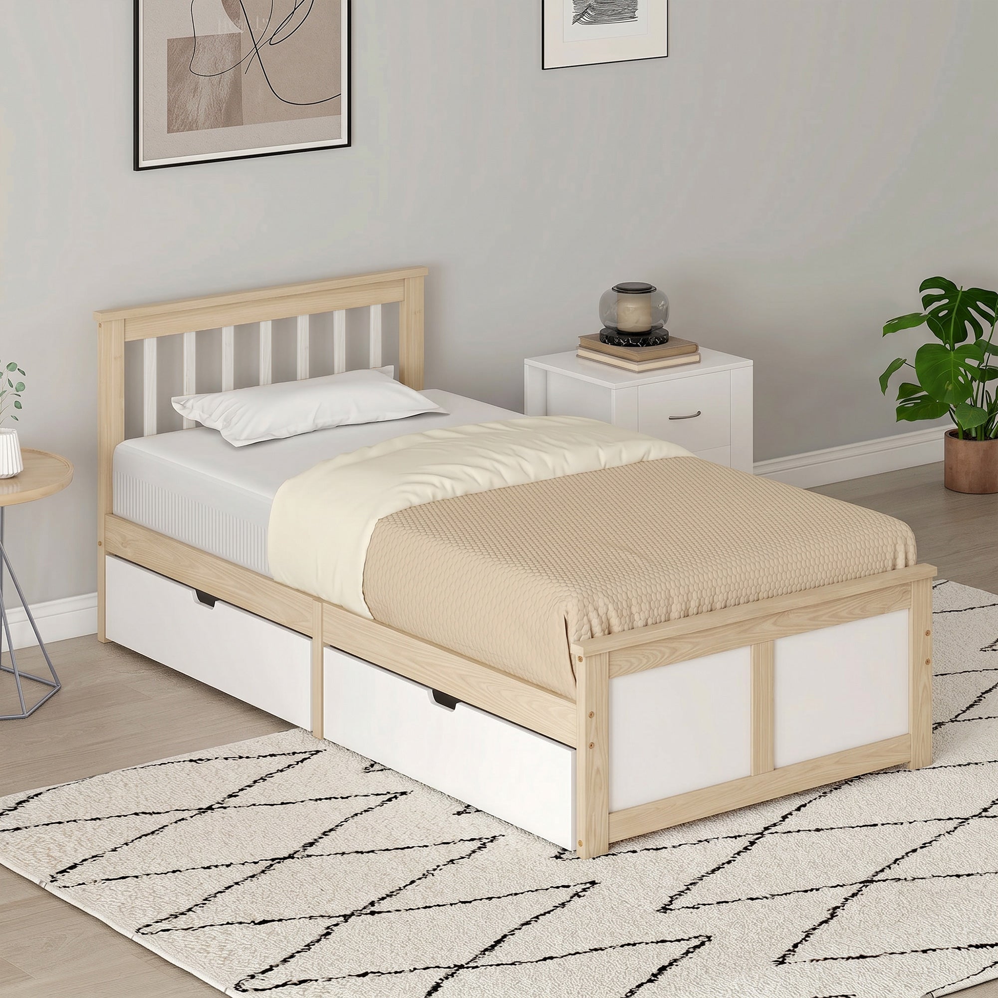 HOMCOM Pine Storage Bed, 3ft Single Solid Wooden Bed Frame with Drawers, Headboard, Wood Slat Support, Natural Wood Finish