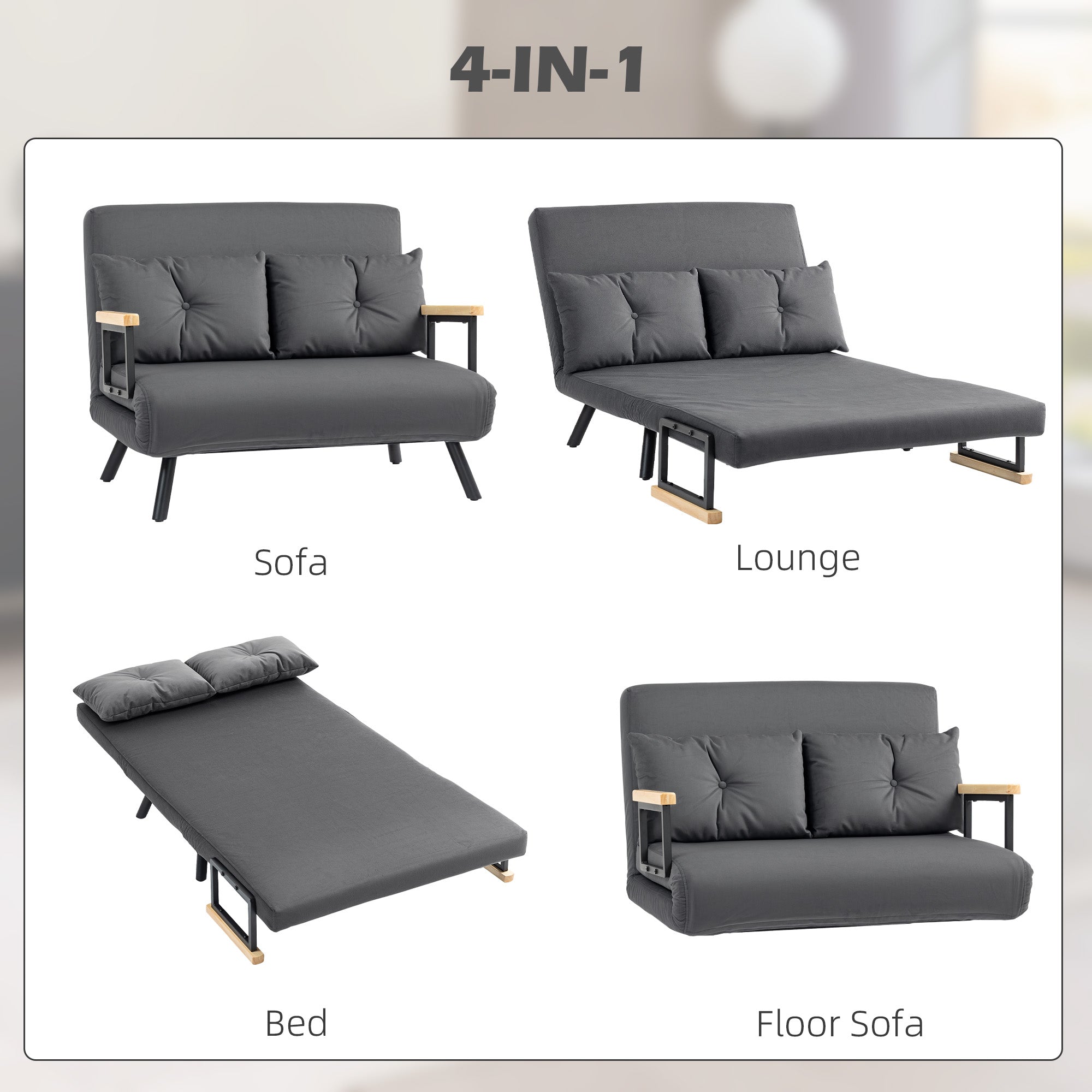 HOMCOM 4-in-1 Velvet-Feel Double Sofa Bed, with Pillows - Dark Grey - North Peak Garden Furniture
