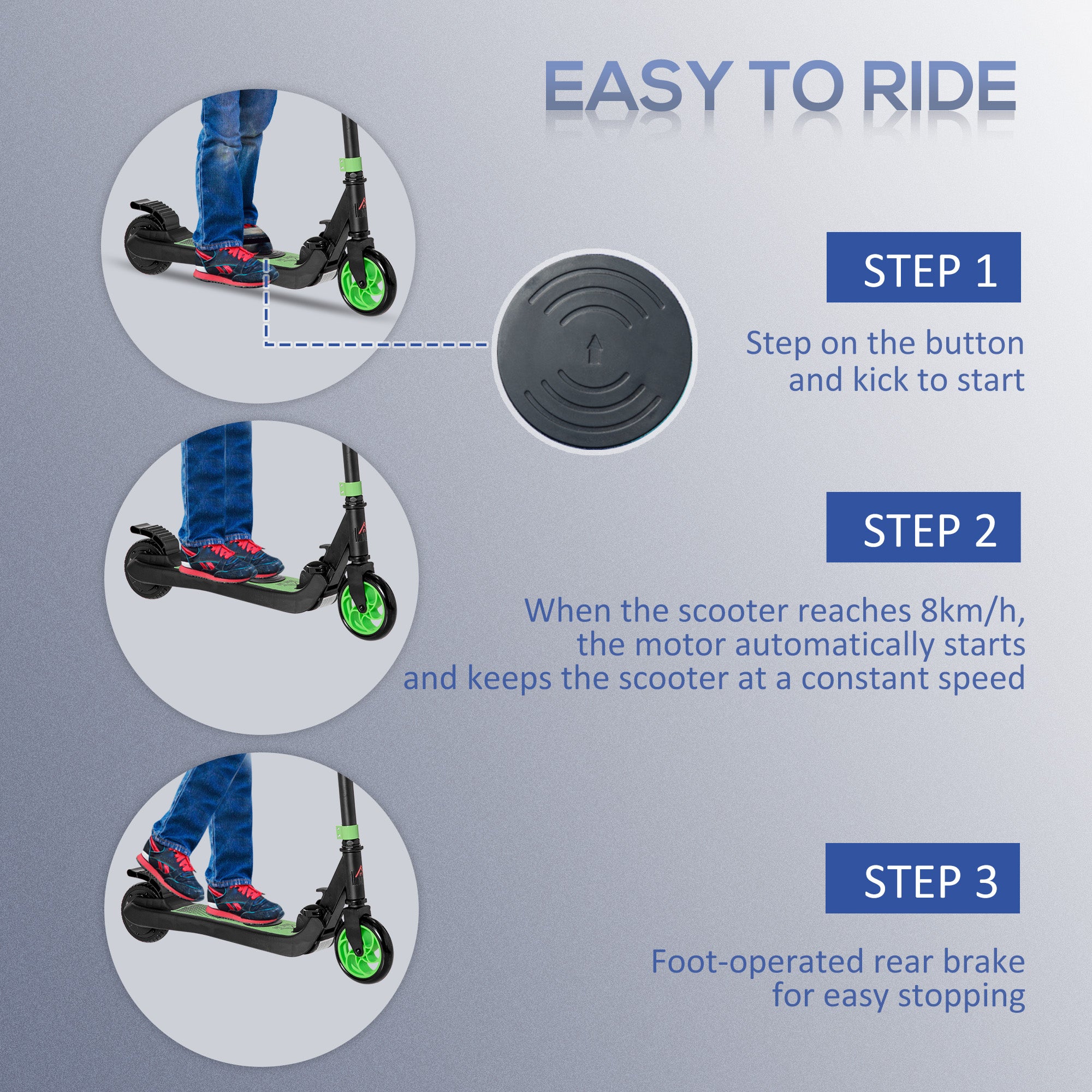 HOMCOM Folding Electric Scooter with Brake, for Ages 6+ Years, 8km/h Maximum Speed, Green - North Peak Garden Furniture