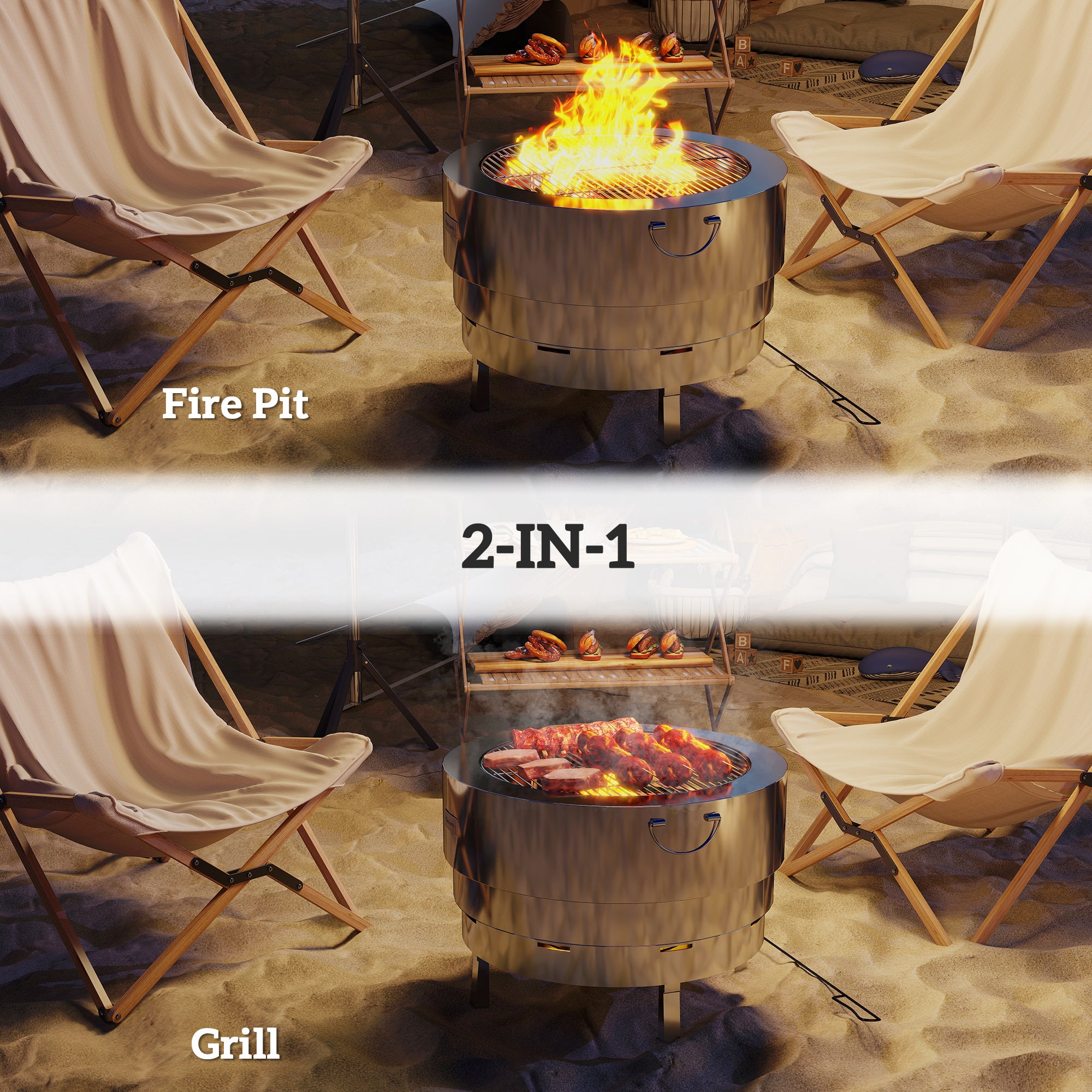 Outsunny Stainless Steel Wood-burning Fire Pit with Fire Poker - Silver - North Peak Garden Furniture