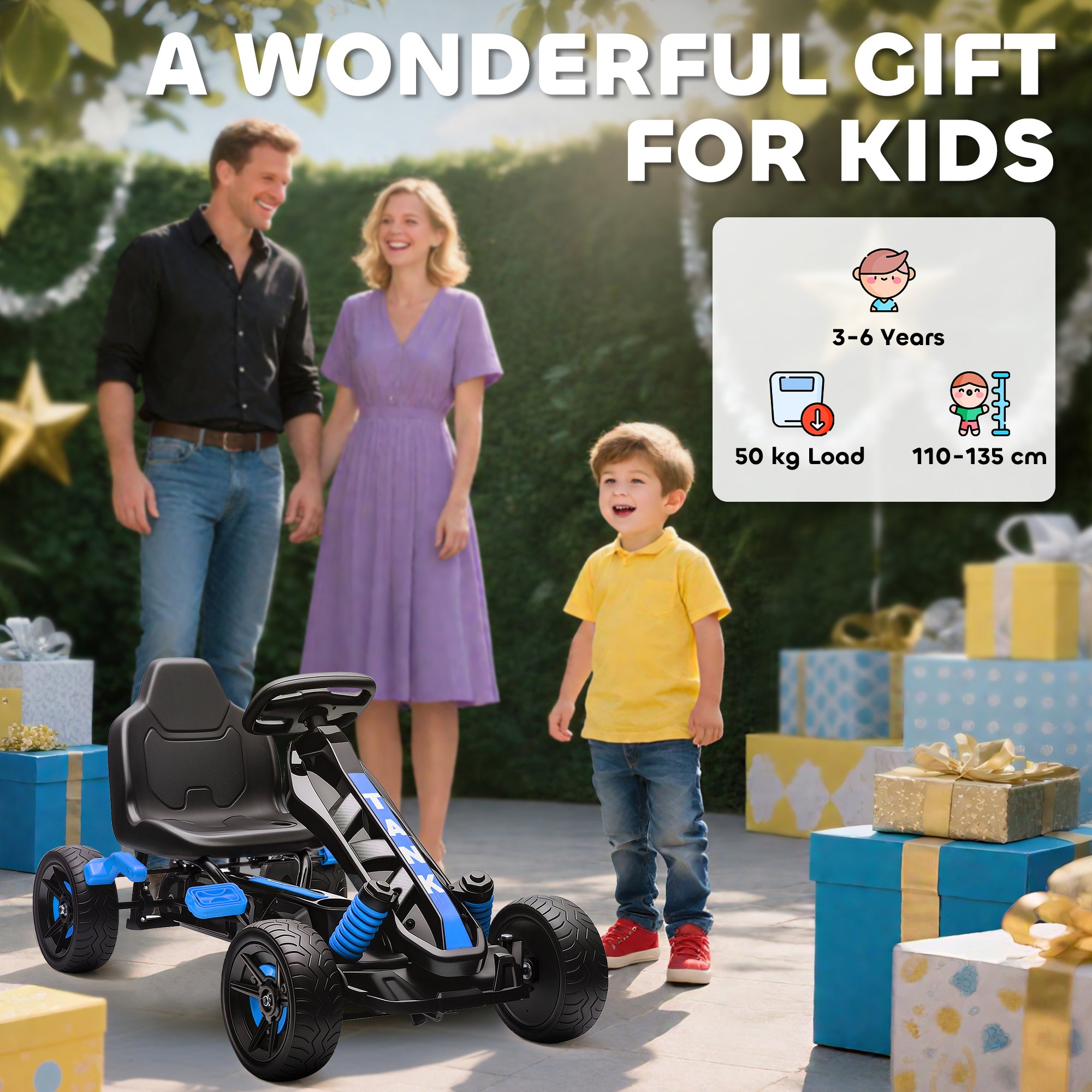 AIYAPLAY Pedal Go kart for Kids Ages 3-6 Years, with Automatic Clutch, Brake, EVA Anti-Slip Wheels, Blue